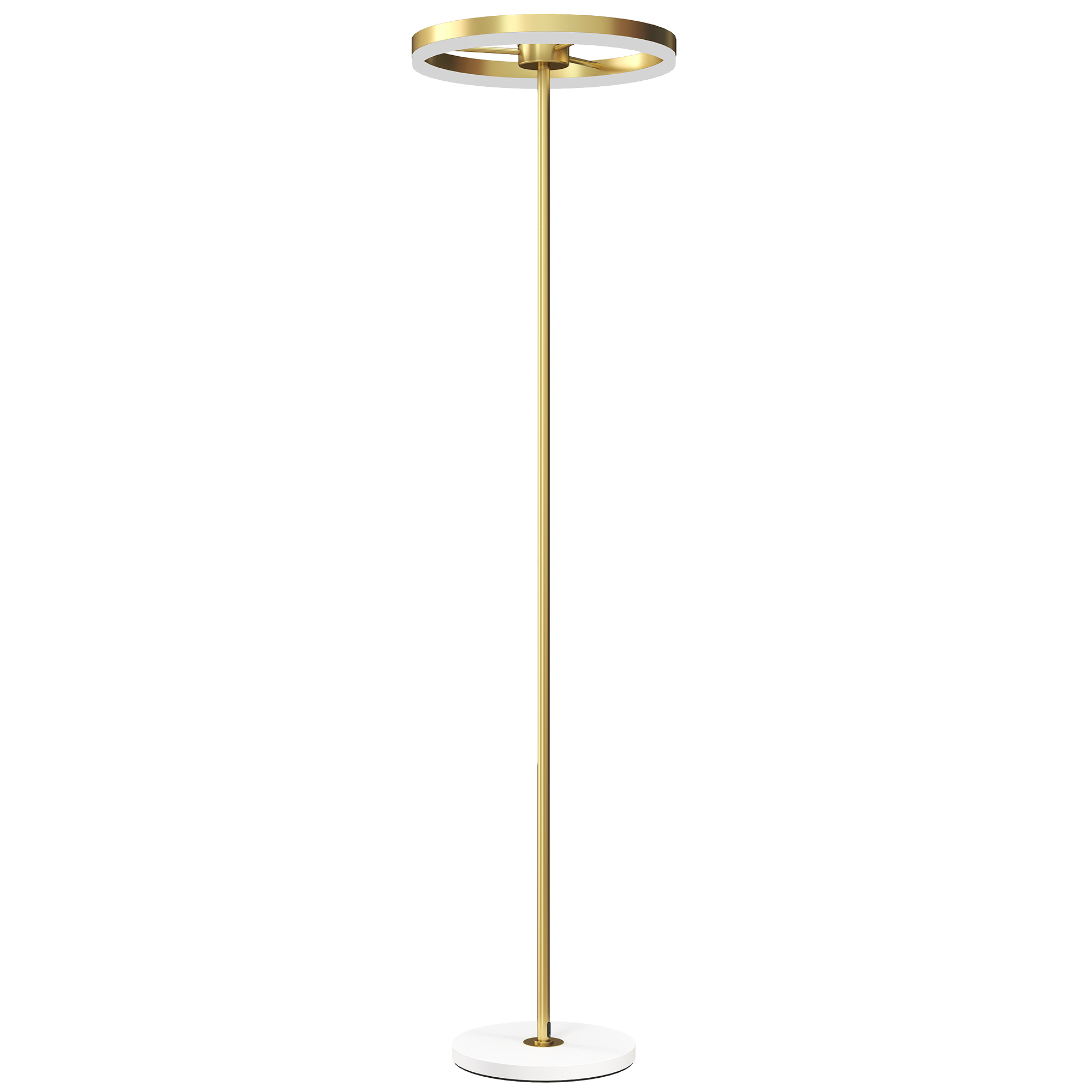 Una lampada da terra dorata ed esile con un apparecchio circolare su una base di marmo bianco.