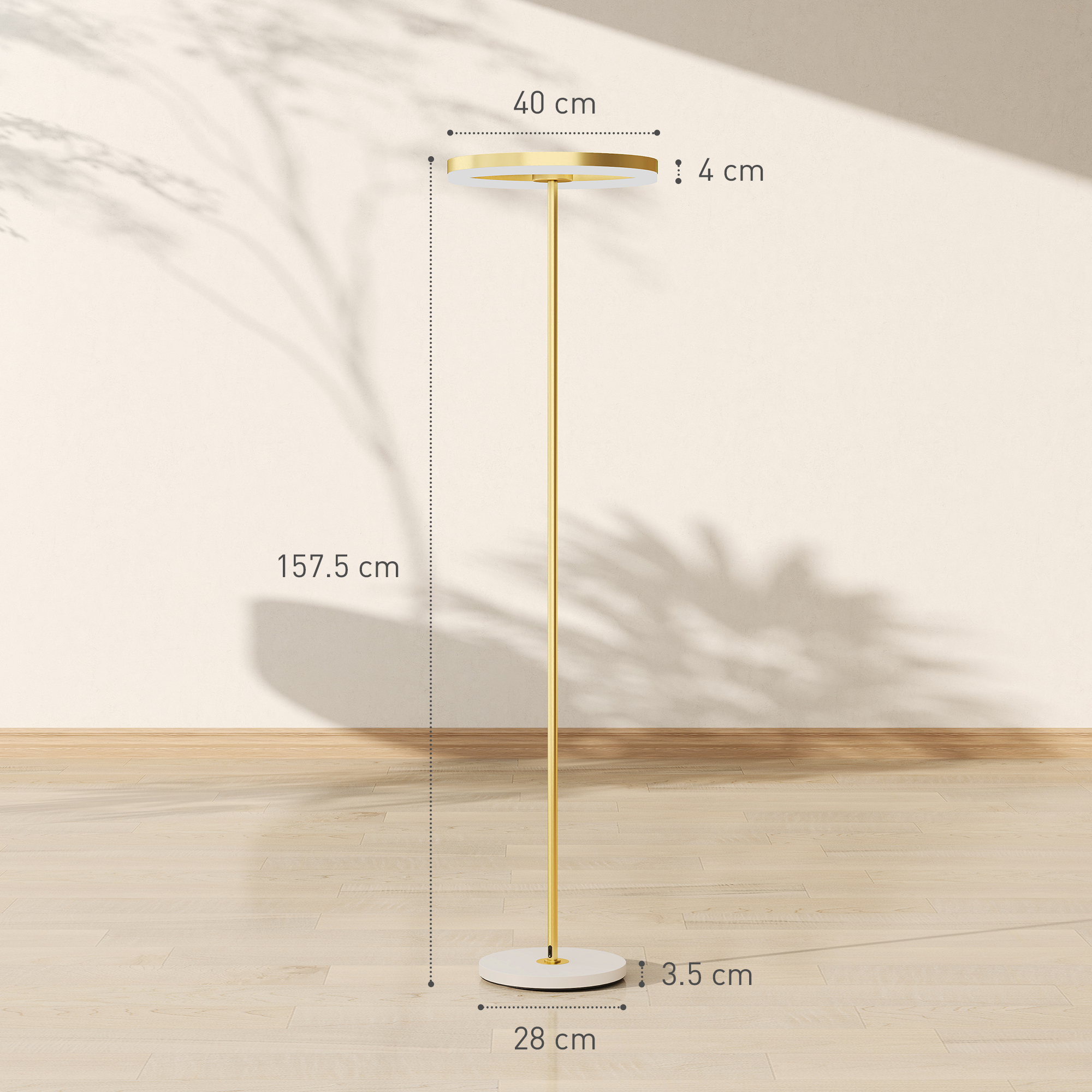 Lampada da terra dorata con base rotonda e testa piatta. Dimensioni indicate.