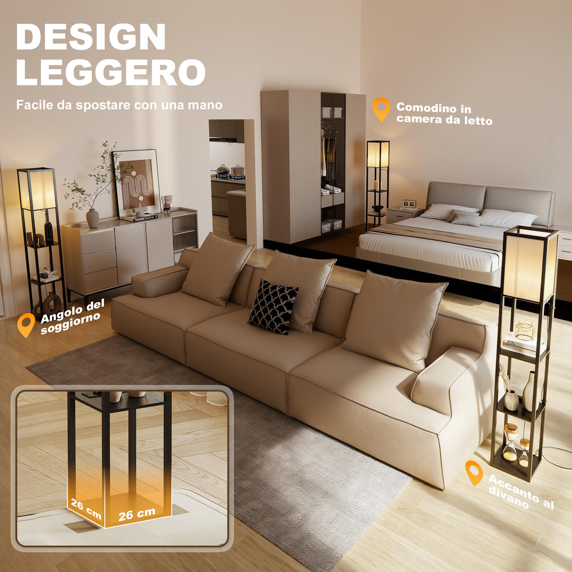 Design leggero: Divano, letto, armadio e comodini in una stanza moderna con lampade.