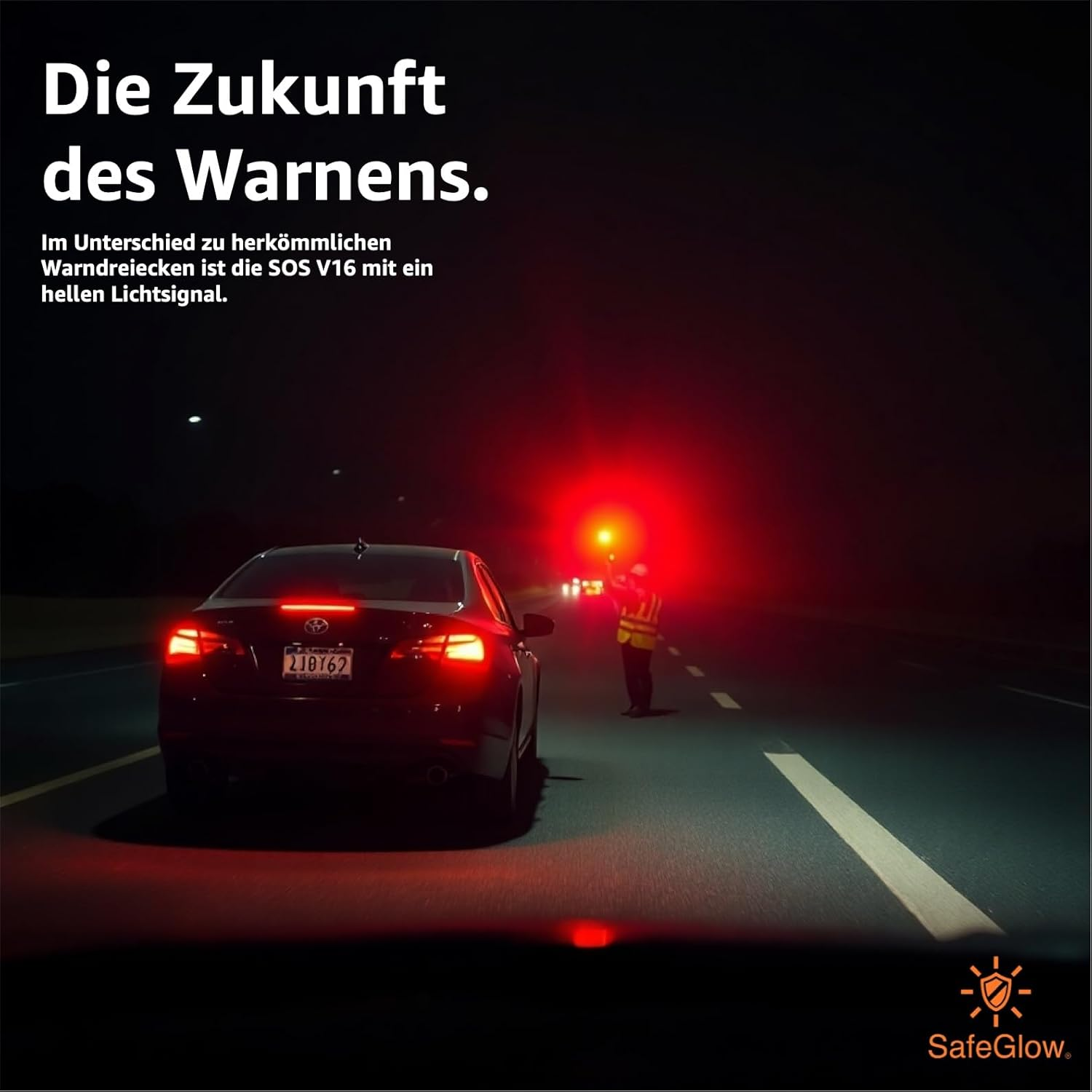 Ein Auto mit Warnlicht auf der Straße, eine Person mit Warnweste hält ein Lichtsignal.