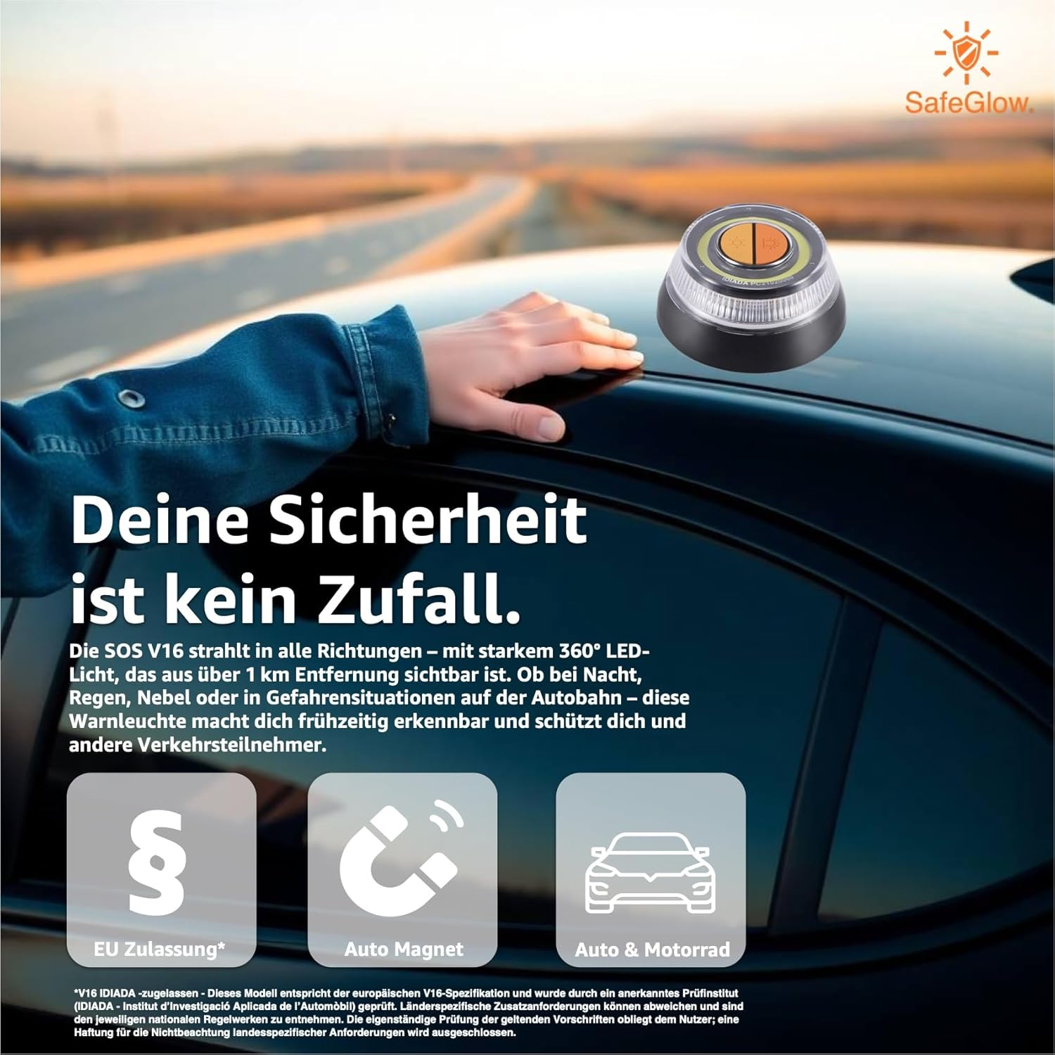 Eine Hand liegt auf einem Auto, daneben eine Warnleuchte und drei Icons.