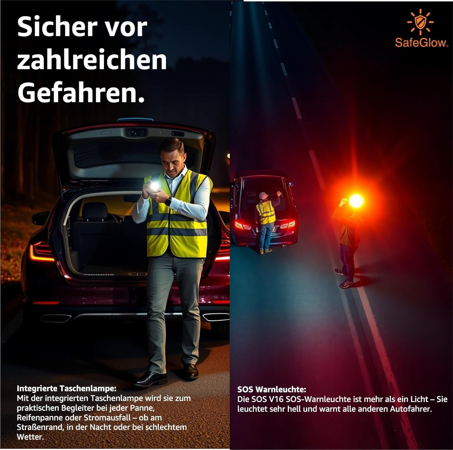 Mann in Warnweste mit Taschenlampe neben offenem Kofferraum; Mann mit Warnleuchte auf Straße.
