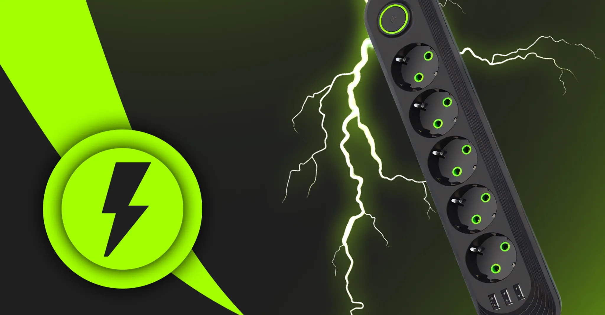 Schwarzer Mehrfachstecker mit grünen Buchsen, Blitz-Symbol, grüne Blitze.