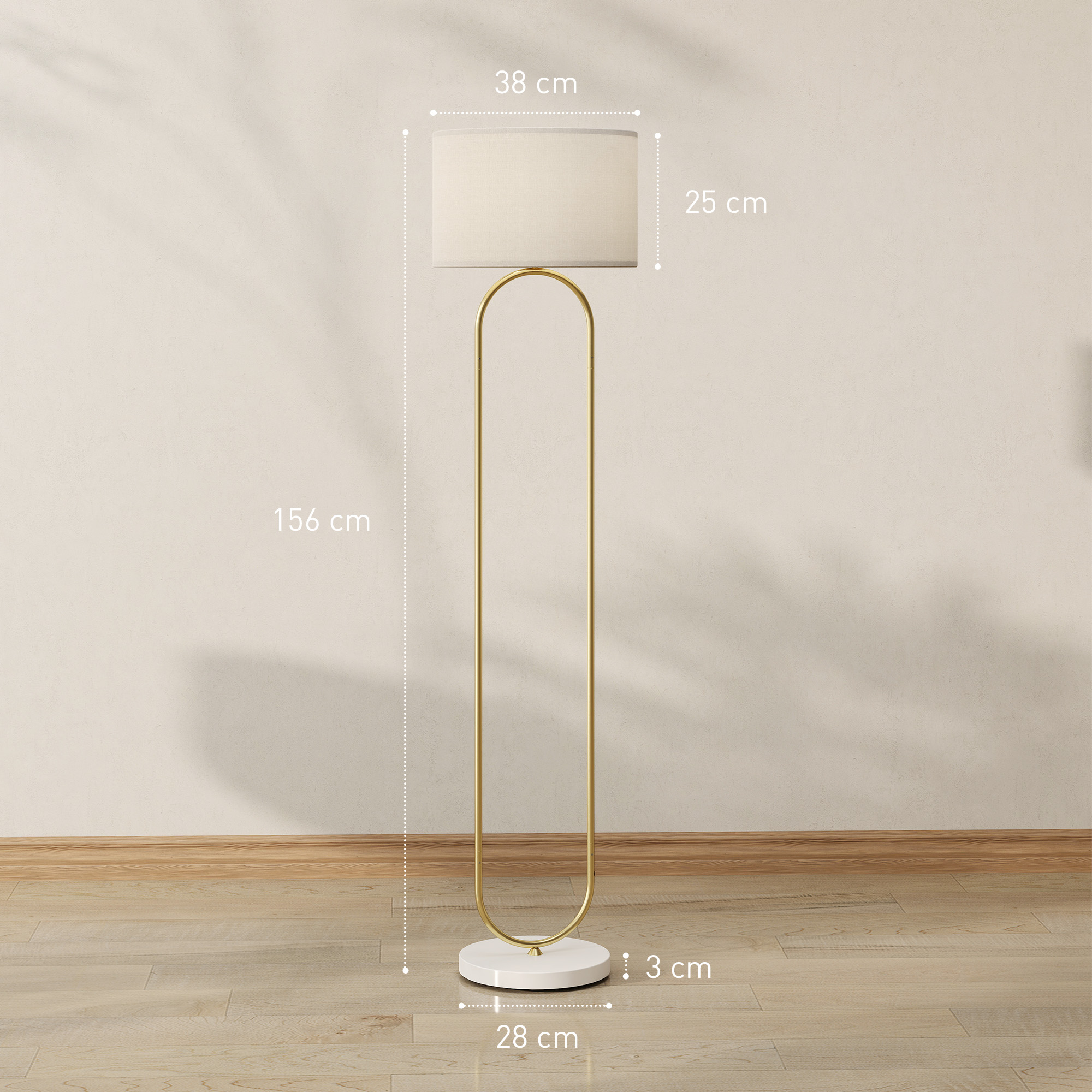 Lampada da terra dorata moderna con paralume bianco e base rotonda. Dimensioni indicate.