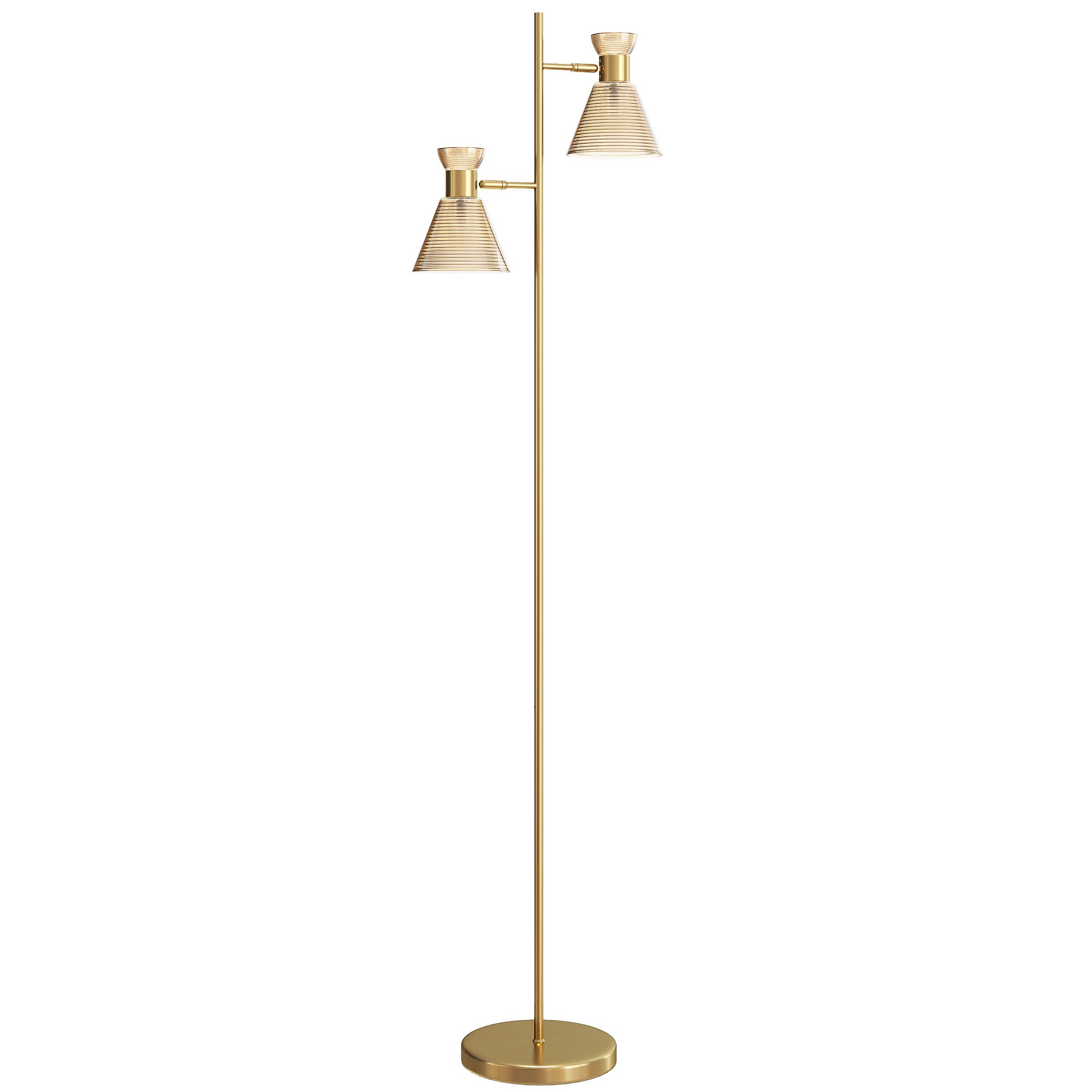 Lampada da terra dorata con due paralumi in vetro scanalato.