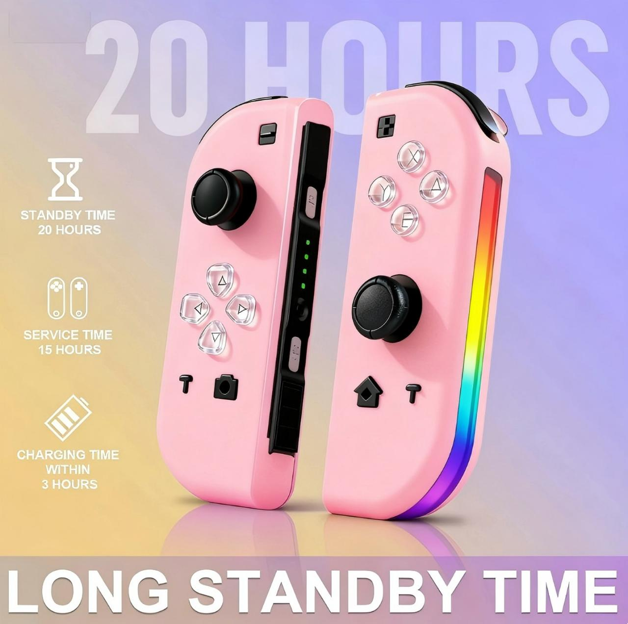 Zwei rosa Controller mit schwarzen Knöpfen und bunten Lichtern. Text über Standby-Zeit.