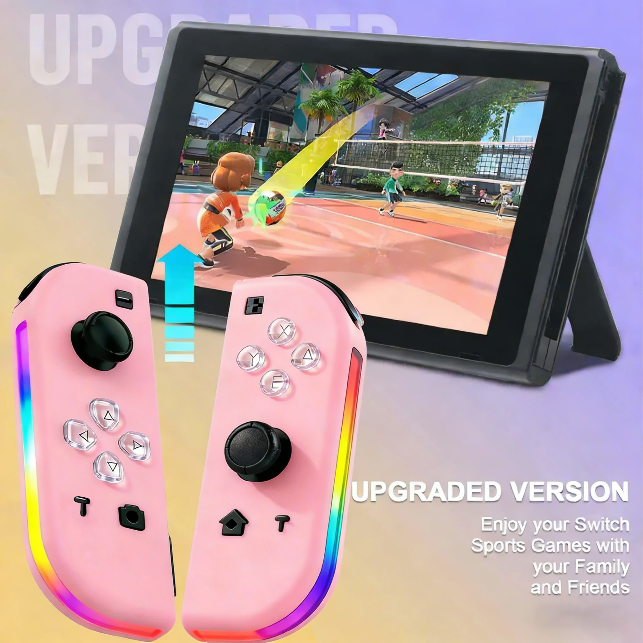 Rosa Controller vor einem Switch-Bildschirm, der ein Volleyballspiel zeigt.
