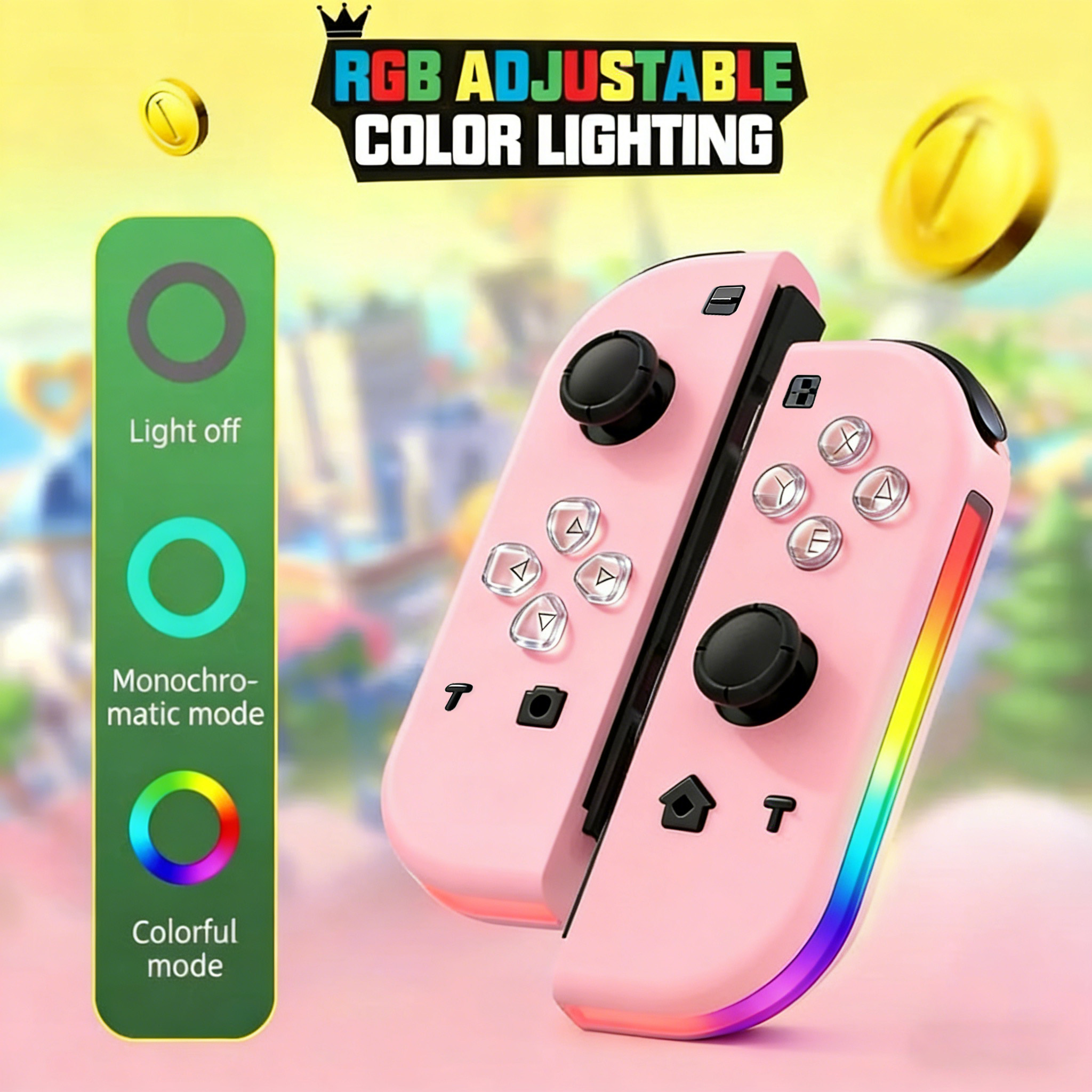 Zwei rosa Controller mit RGB-Beleuchtung und Spielsymbolen. Links eine grüne Leiste.