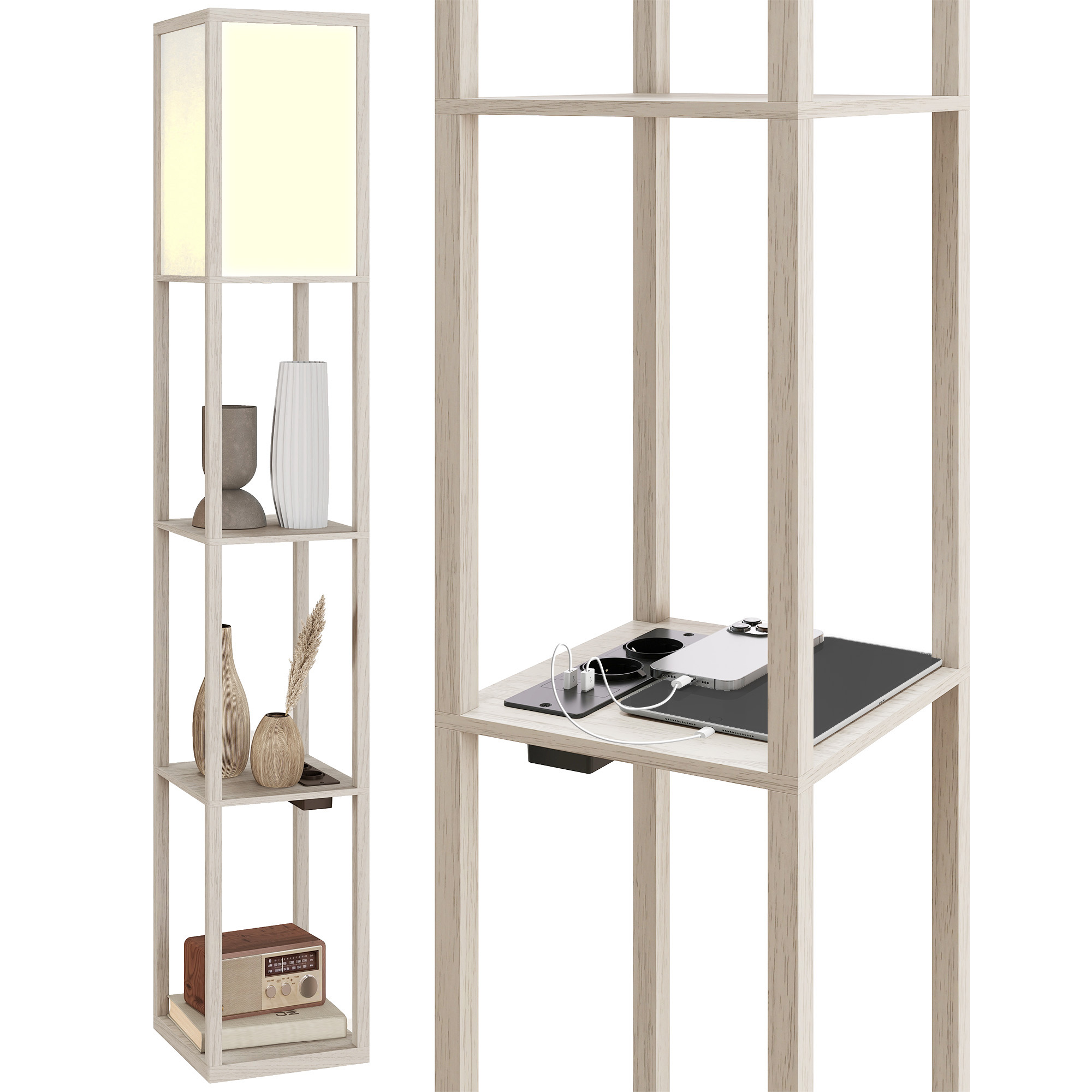 Scaffale in legno con lampada, vasi, radio, libri, tablet e telefono.