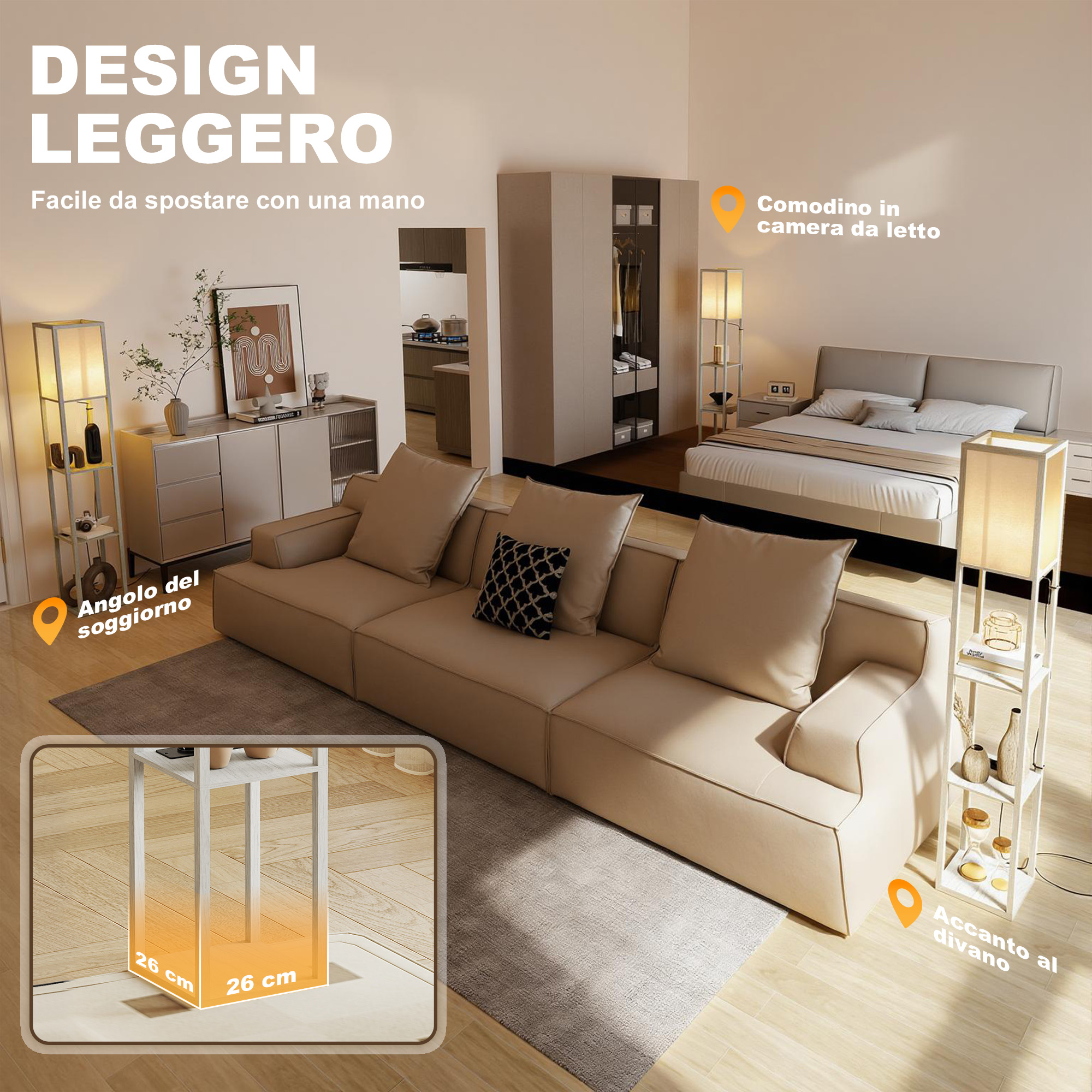 Un soggiorno moderno con divano, letto e armadio. Viene mostrato un tavolino.