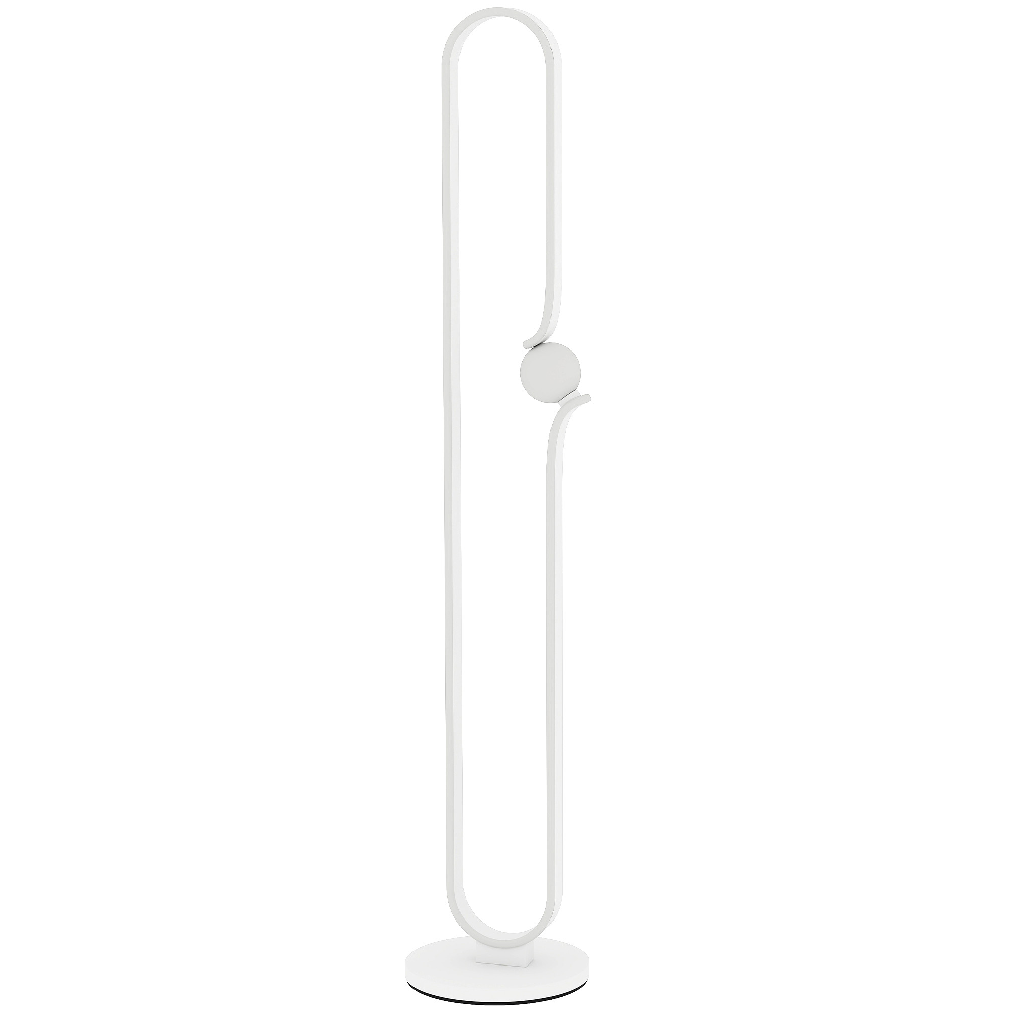 Lampada da terra bianca con base rotonda e braccio curvo con sfera.