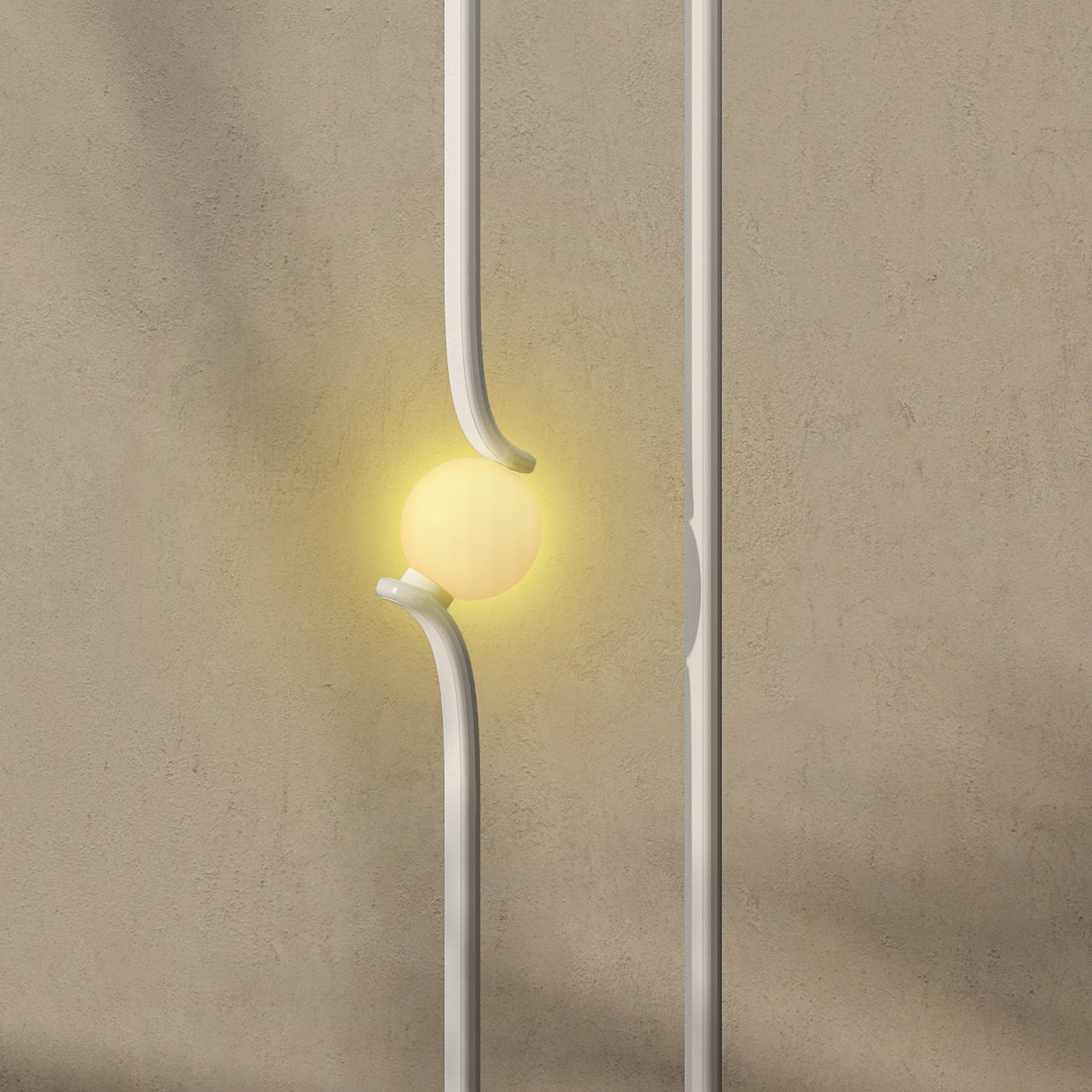 Una lampadina gialla rotonda tenuta da due barre bianche curve.