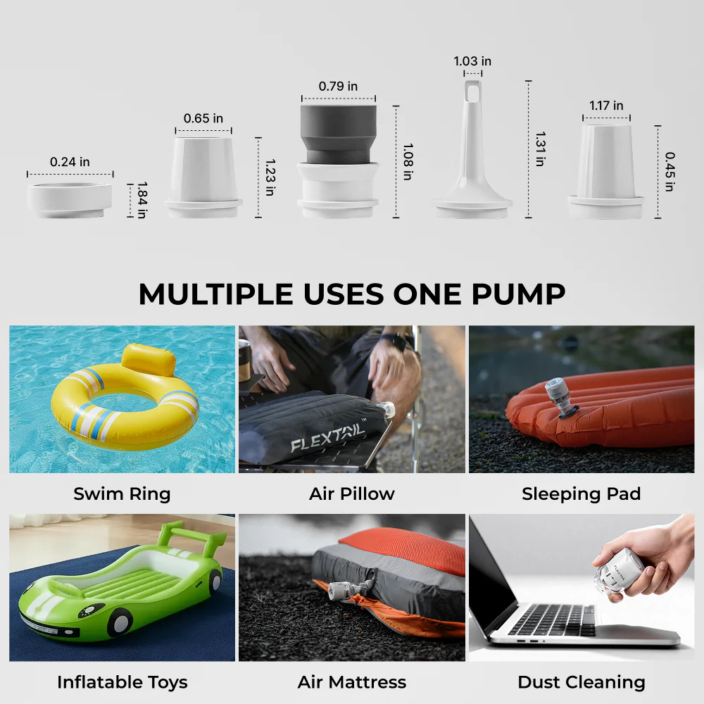 Pompa multiuso con vari accessori per salvagenti, cuscini, materassi e polvere.