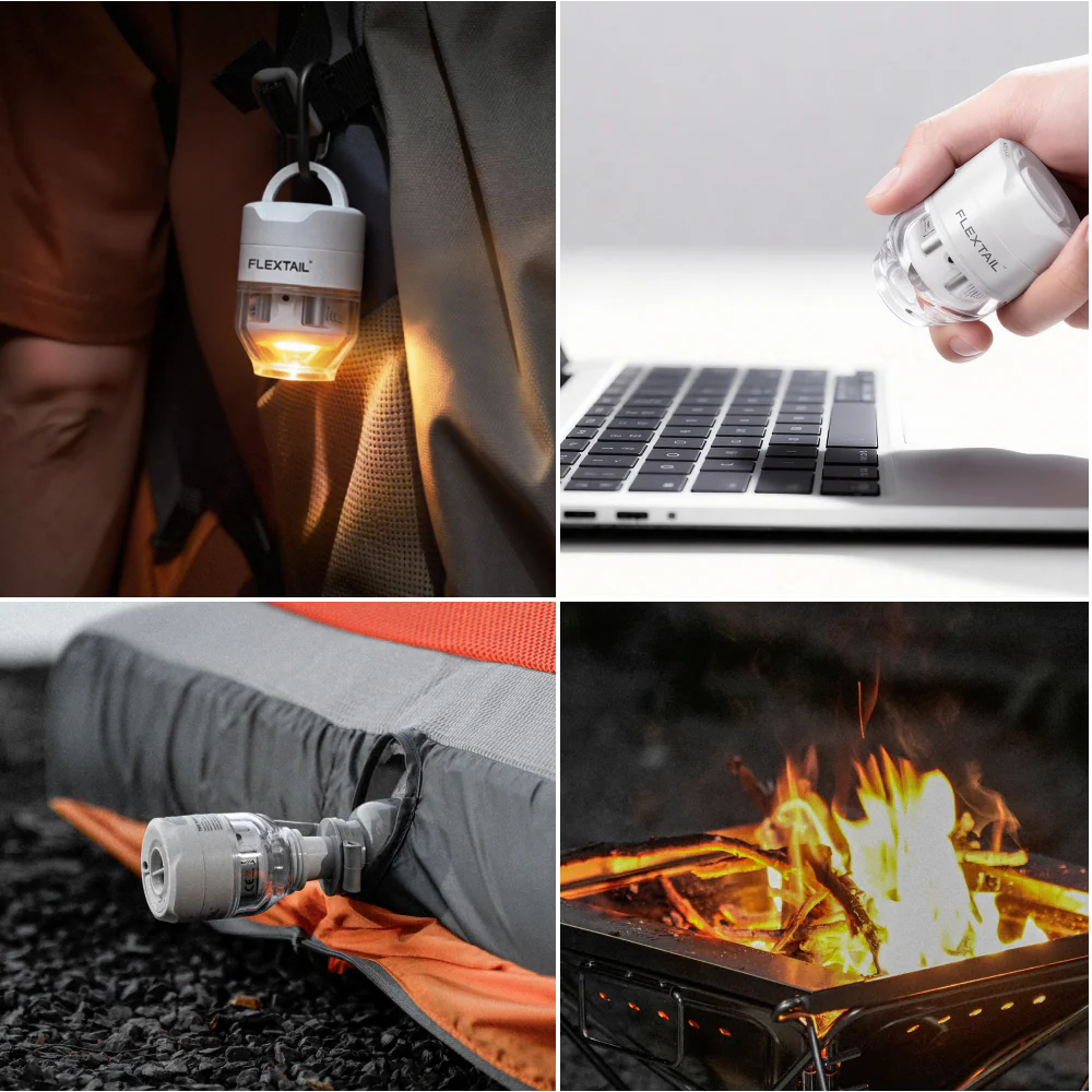 Lanterna su zaino, dispositivo vicino a laptop, pompa su tappetino, falò acceso.