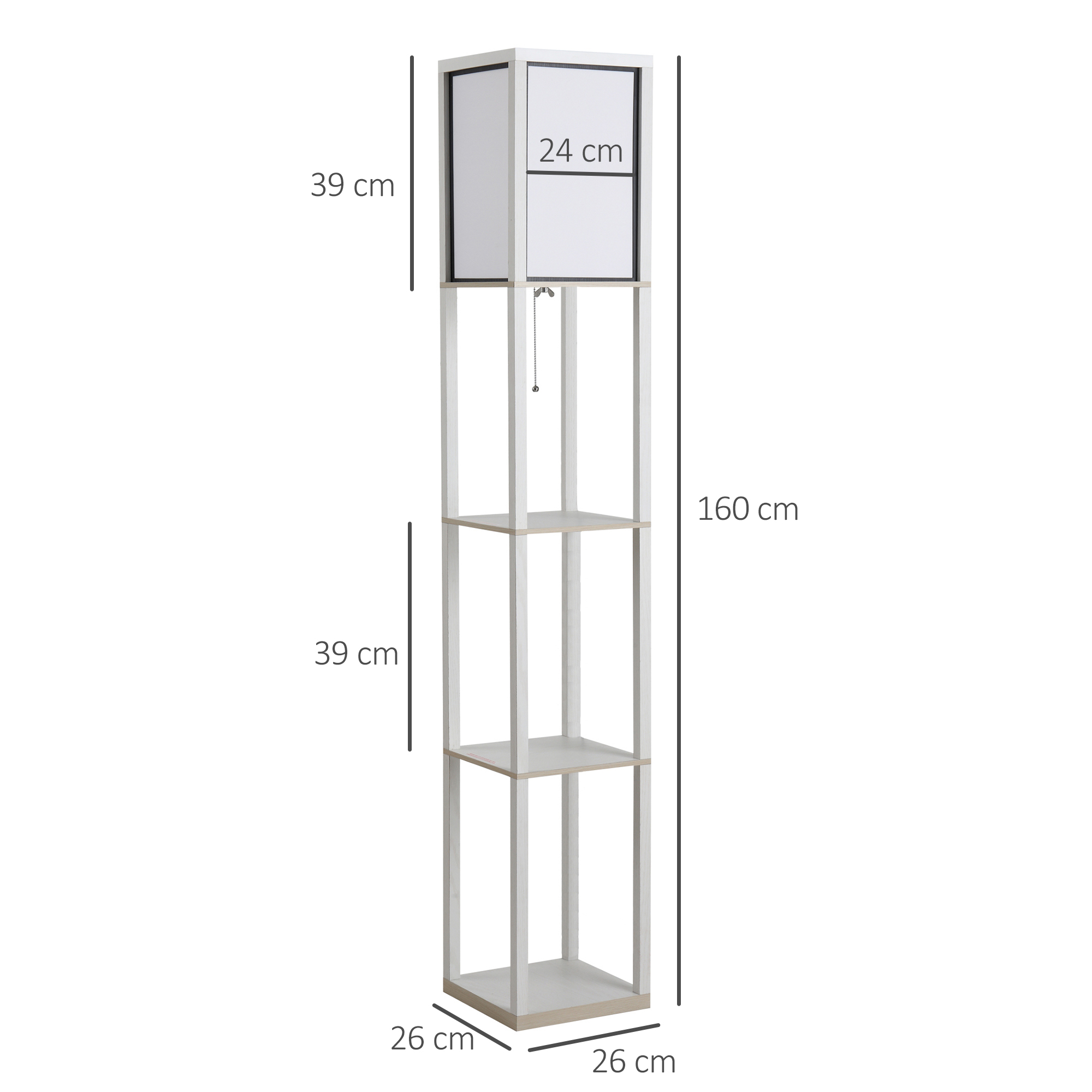 Lampada da terra bianca con ripiani, 160x26x26 cm, 3 ripiani e parte superiore 24x39 cm.