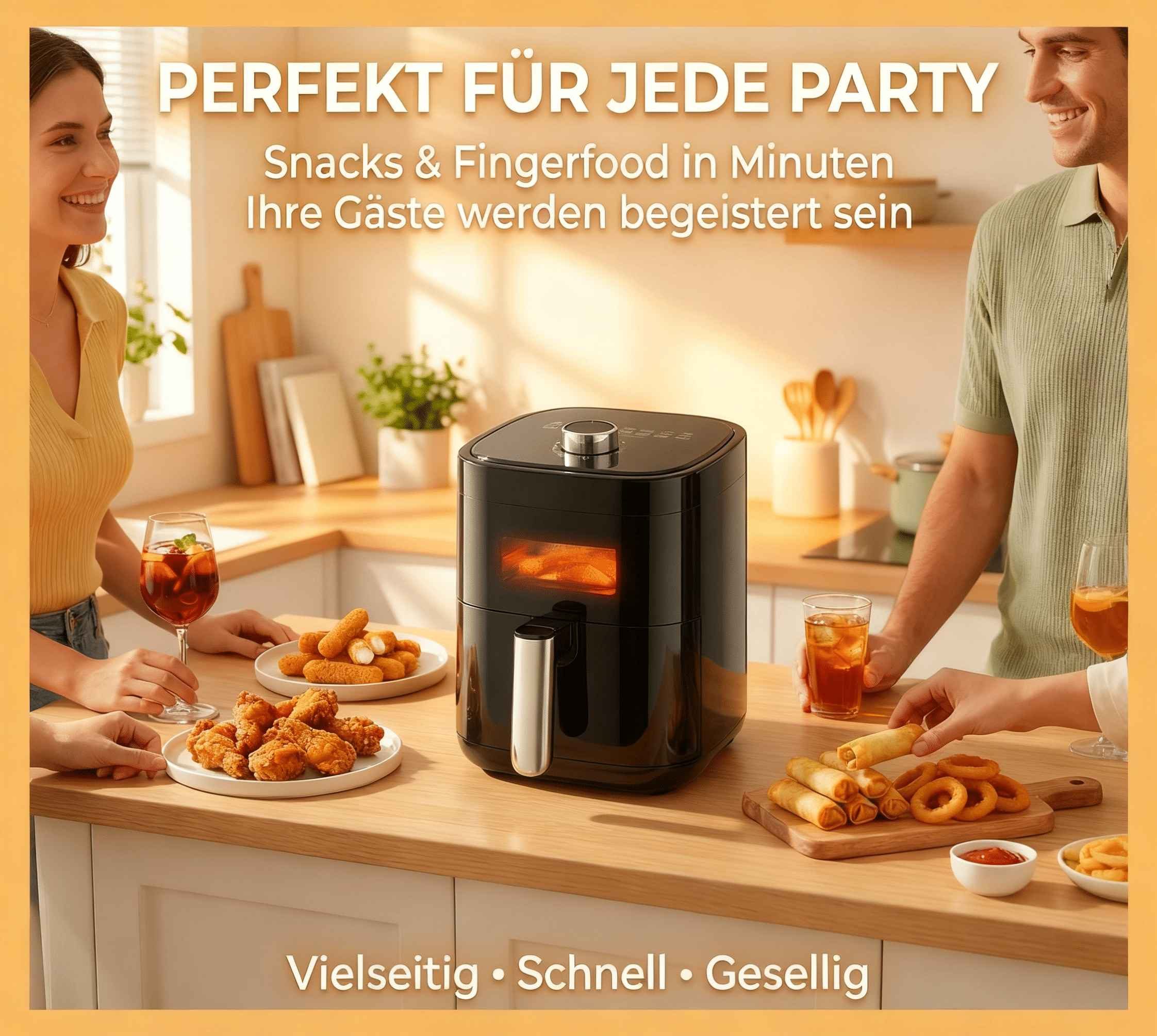 Ein Airfryer bereitet Snacks wie Chicken Wings und Frühlingsrollen zu.