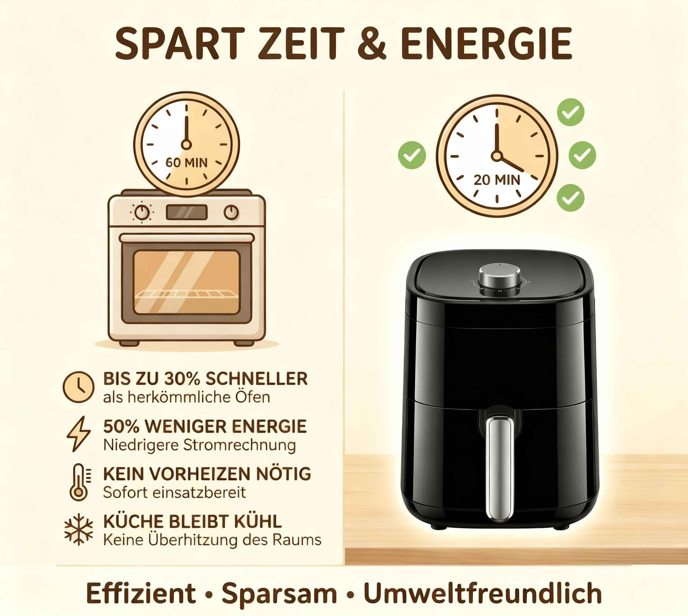 Ein Ofen und ein schwarzer Airfryer werden mit Text verglichen, der Zeit- und Energieeinsparungen hervorhebt.