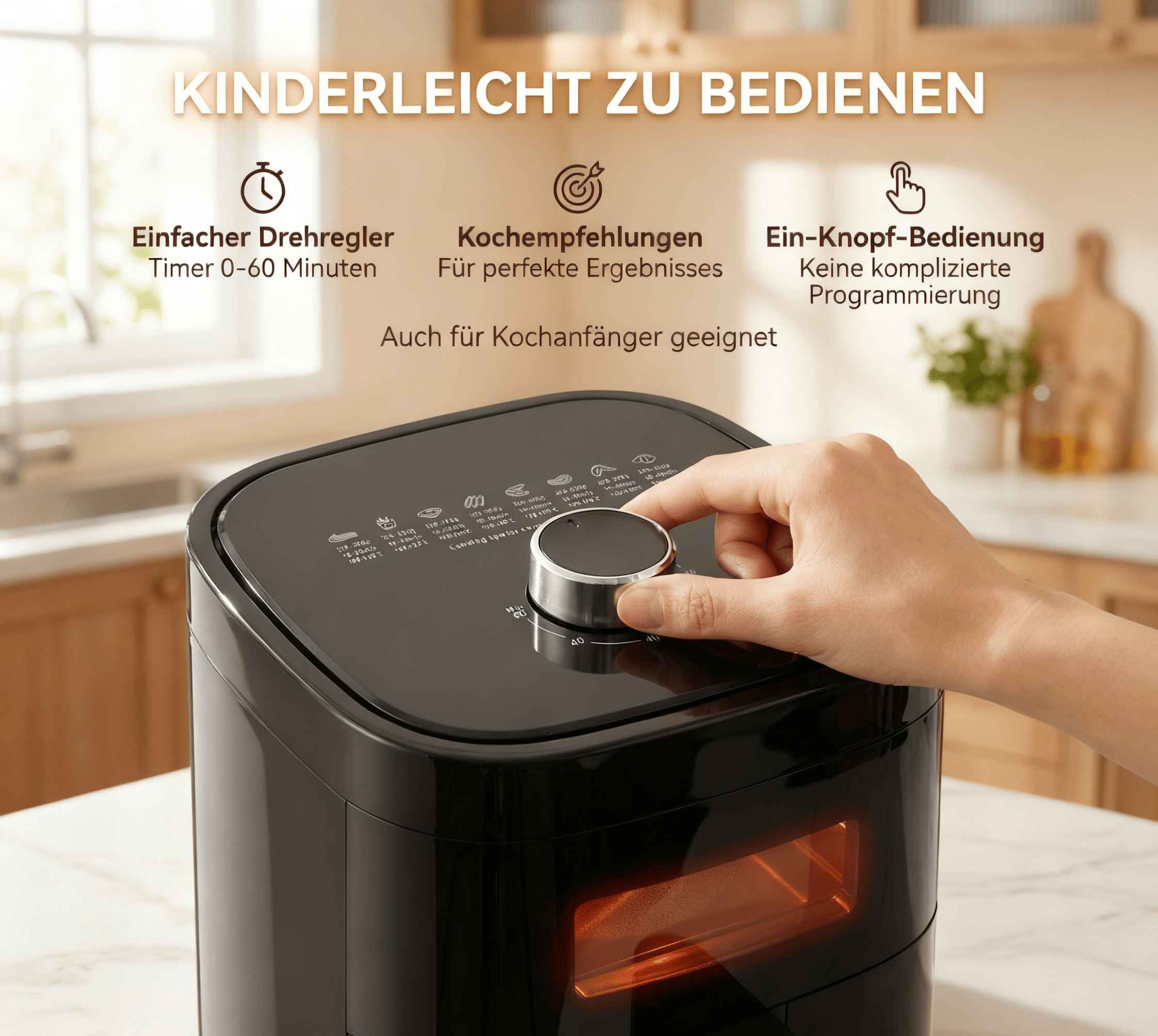 Eine Hand stellt den Drehregler einer schwarzen Heißluftfritteuse ein.