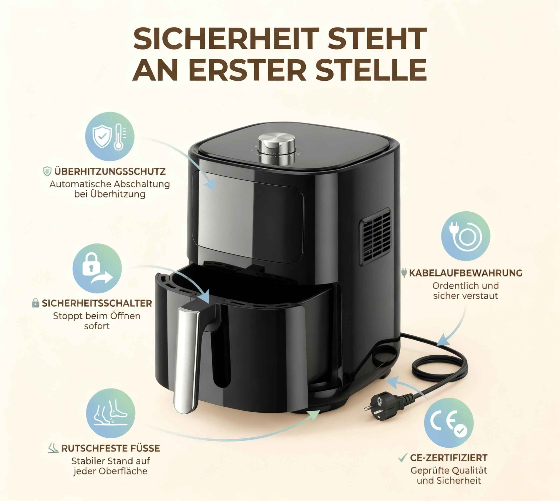 Schwarze Heißluftfritteuse mit Sicherheitssymbolen und Text.