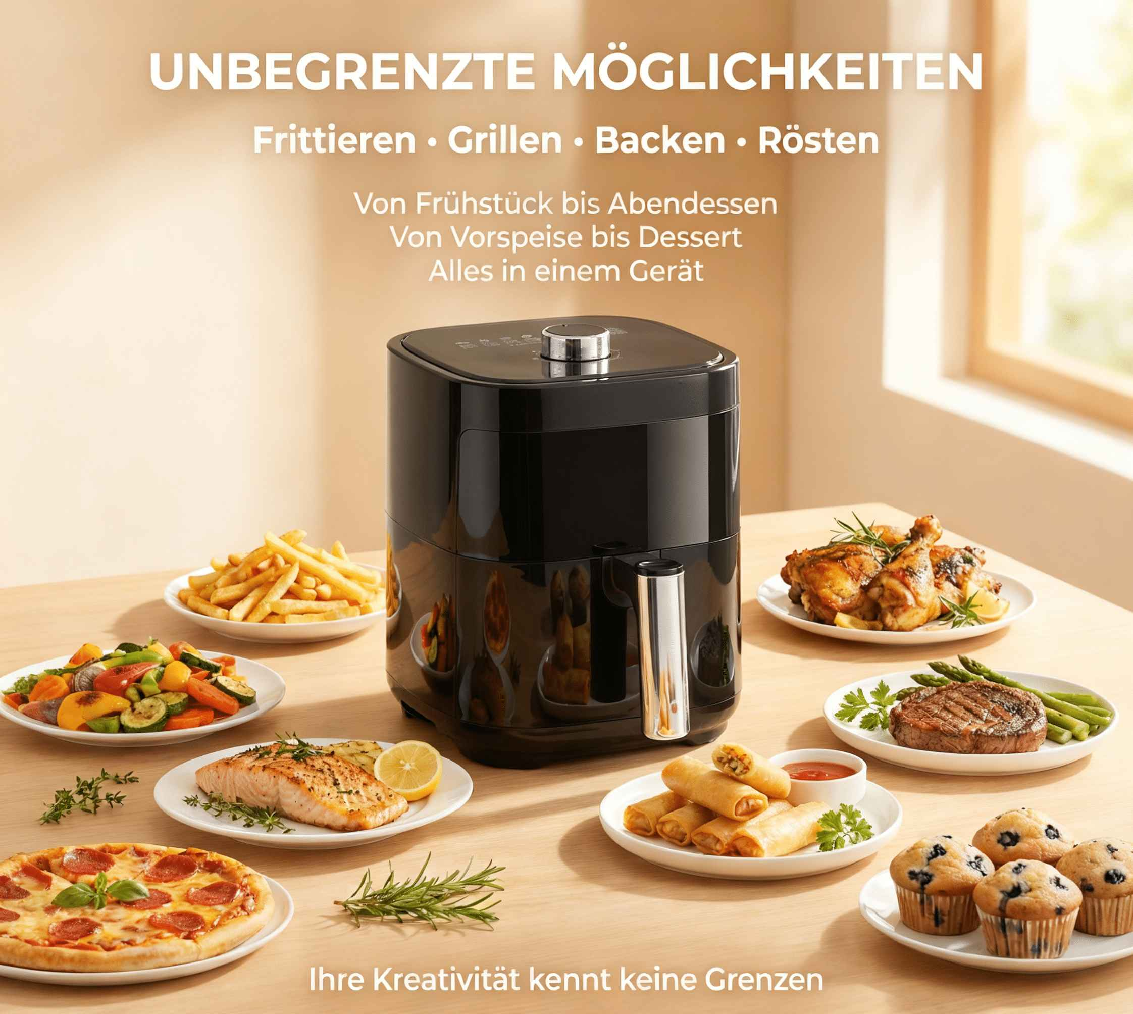 Ein schwarzer Heißluftfritteuse auf einem Holztisch mit verschiedenen Gerichten.