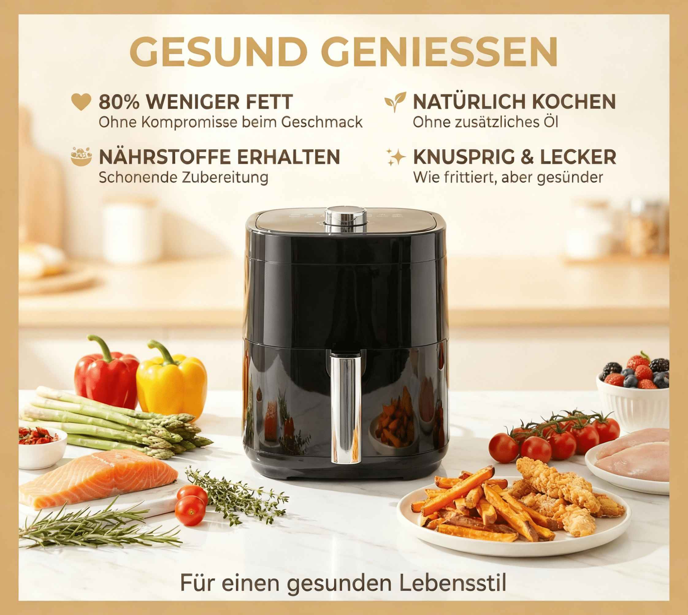 Ein schwarzer Heißluftfritteuse mit Lebensmitteln wie Lachs, Hähnchen, Pommes, Gemüse und Beeren.
