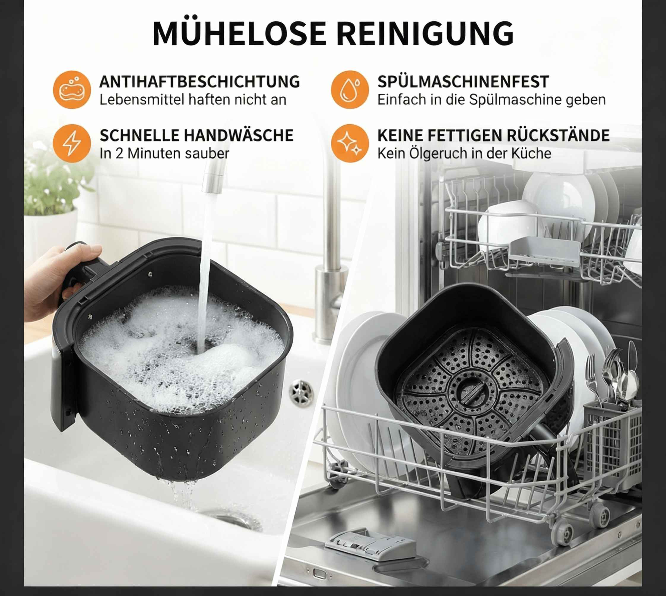 Ein schwarzer Airfryer-Korb wird in der Spüle gereinigt; daneben ein Geschirrspüler mit Körben und Geschirr.