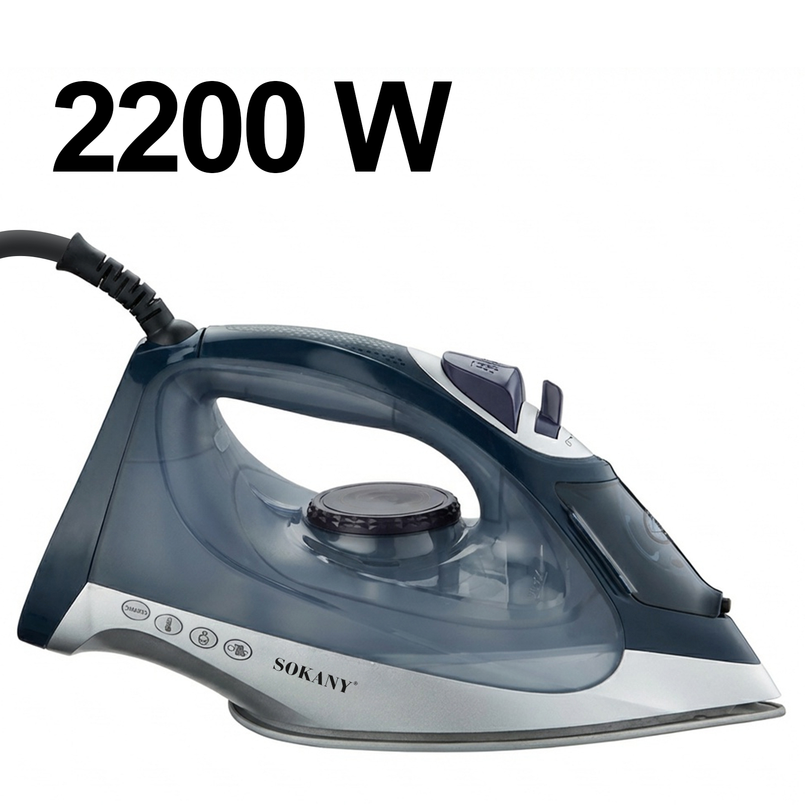 Dampfbügeleisen mit 2200 W, blau und silber, mit transparentem Wassertank.