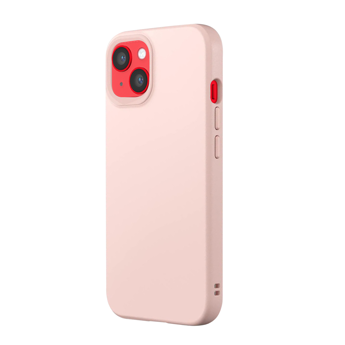 Een roze telefoonhoesje met twee camera's en rode accenten.