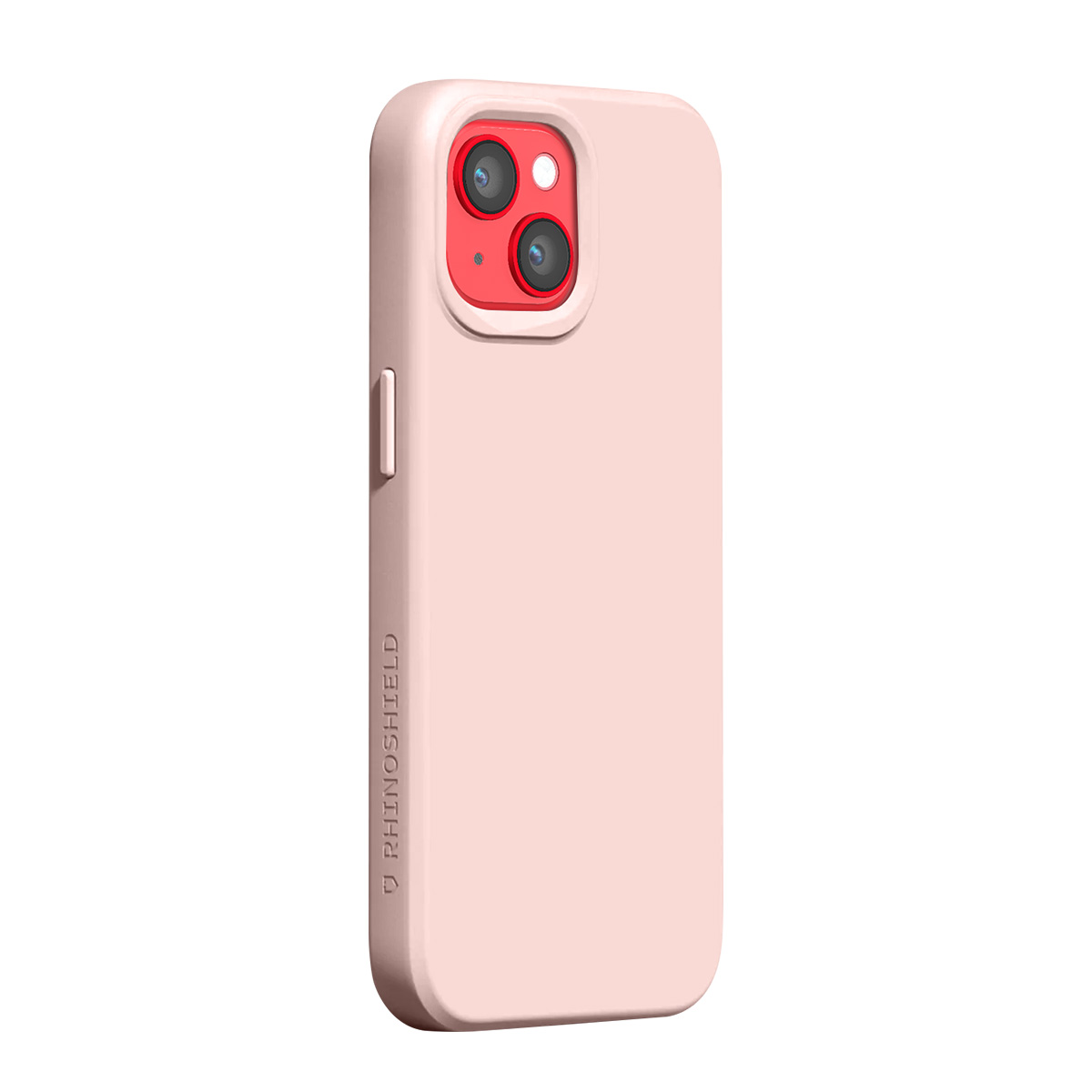 Een pastelroze telefoonhoesje met rode camerabezel.