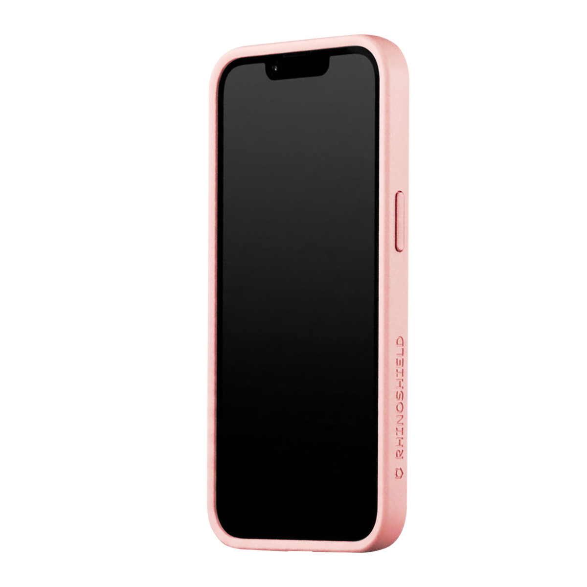 Een roze telefoonhoes met zwart scherm, van de zijkant getoond.