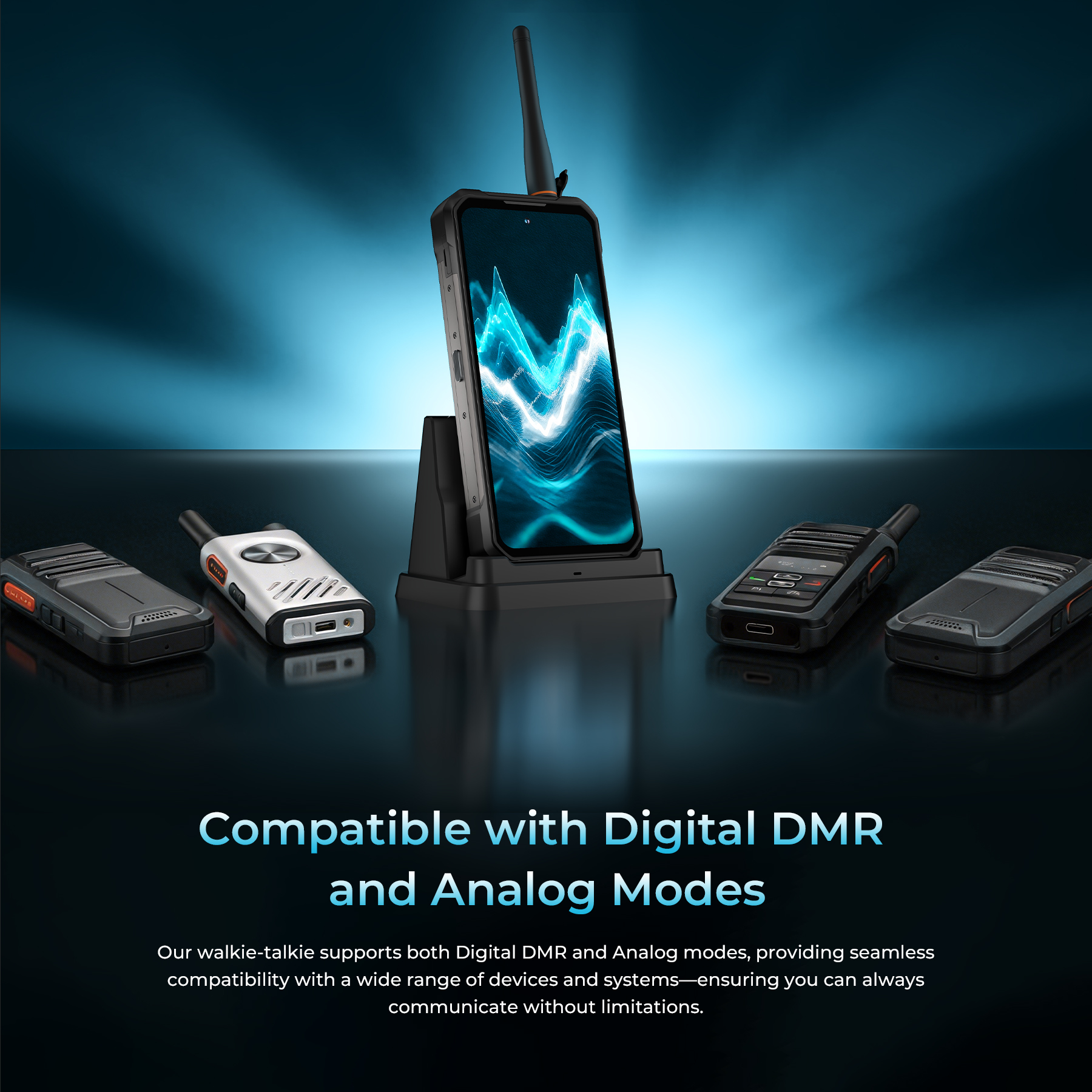 Molti walkie-talkie e uno smartphone su un supporto su sfondo blu.