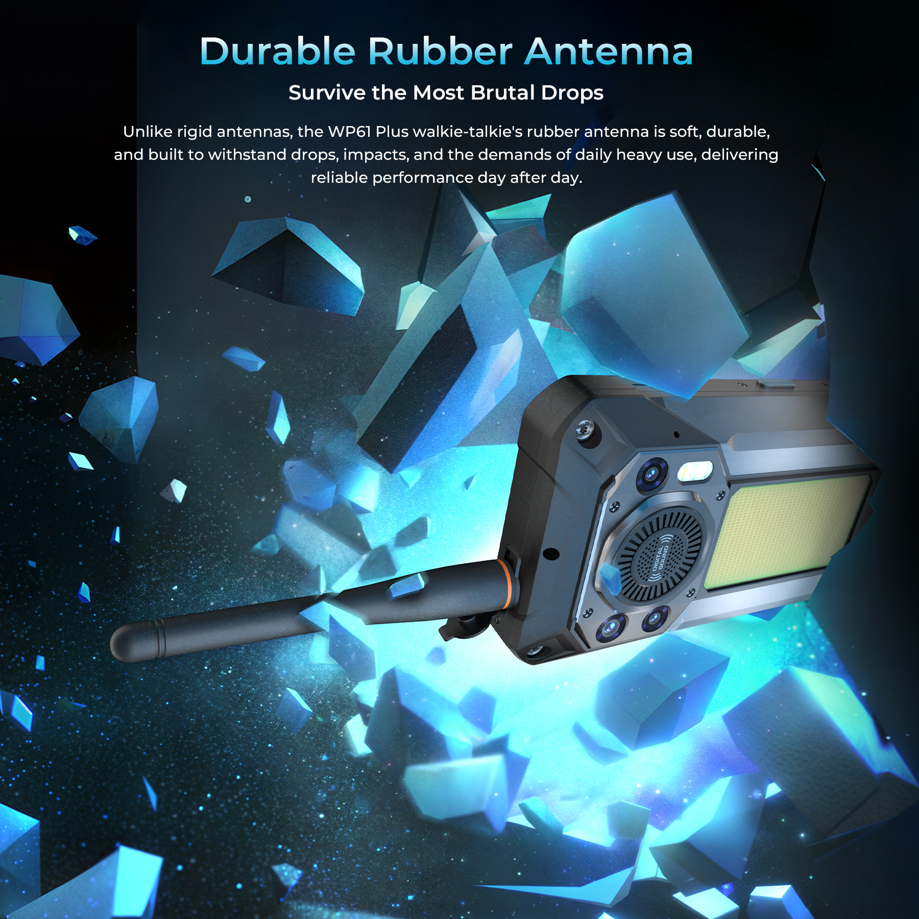 Un walkie-talkie robusto con antenna in gomma, circondato da frammenti di cristallo blu.