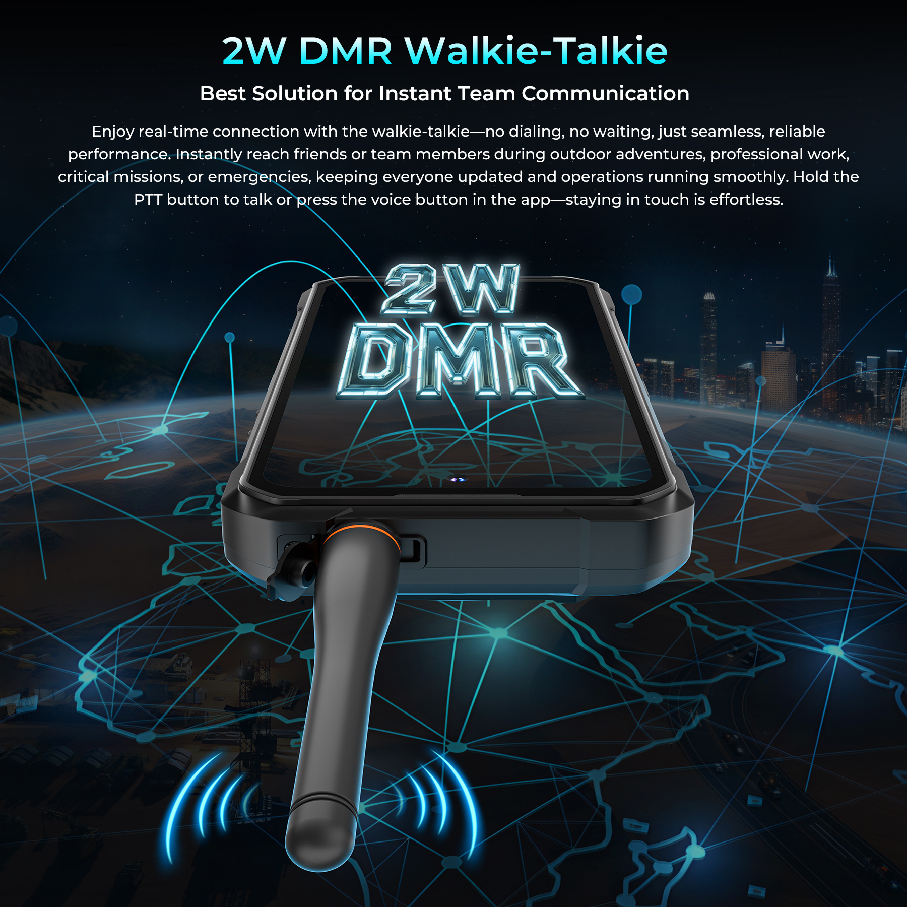 Un walkie-talkie nero con "2W DMR" sullo schermo, su sfondo simile a un globo.