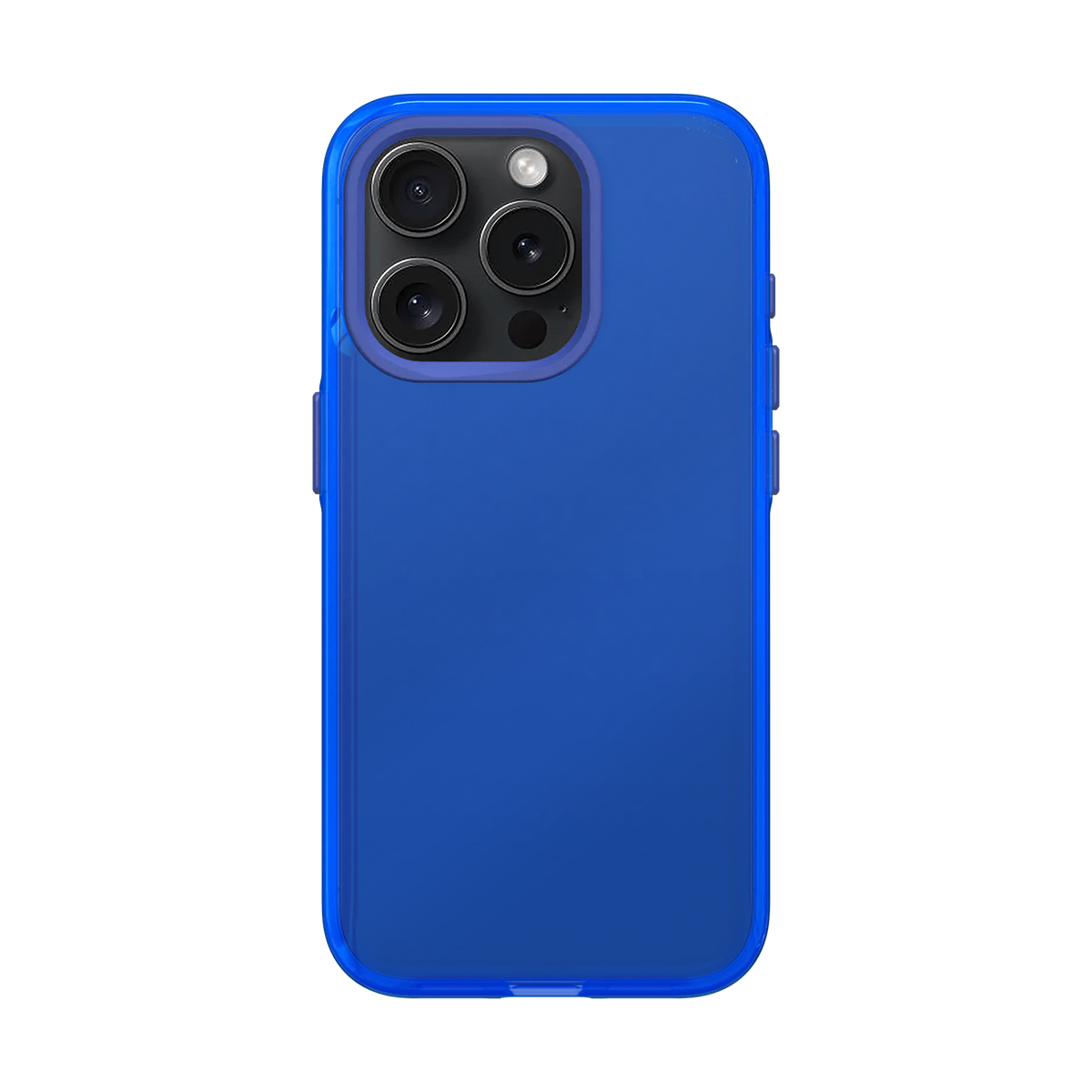 Custodia blu per telefono con unità a tripla fotocamera e pulsante di accensione a destra.