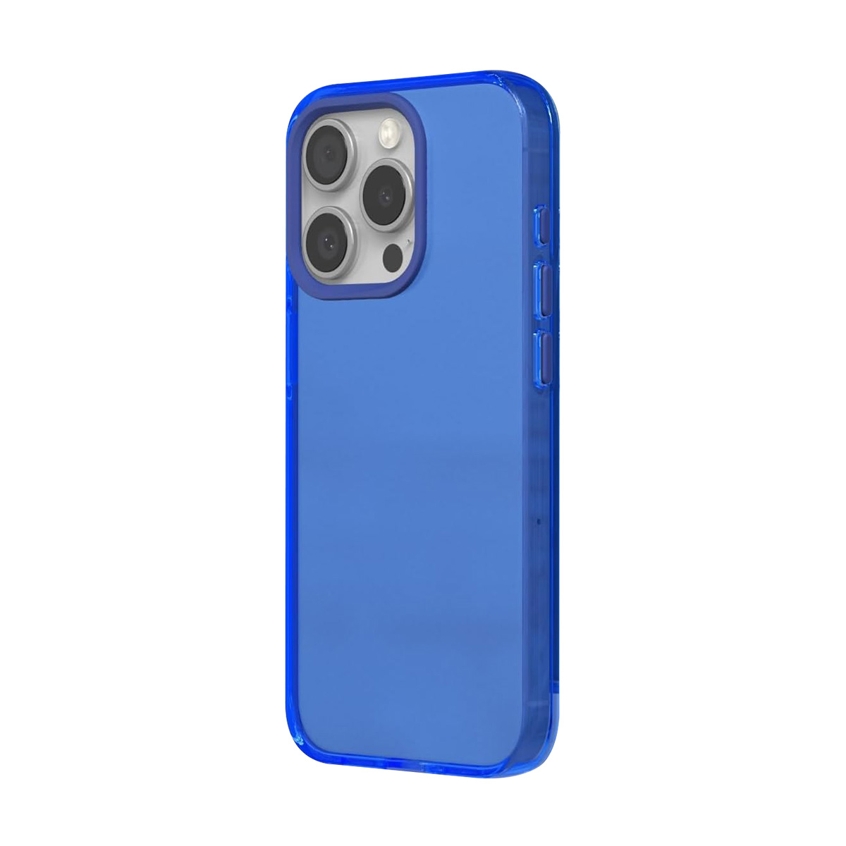 Mockup di cover blu per telefono, con modulo fotocamera e pulsanti.