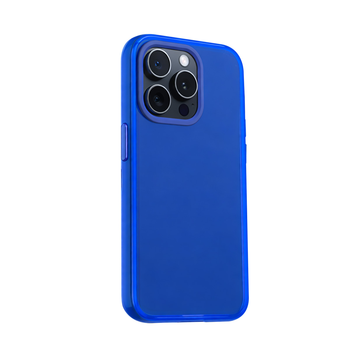 Custodia blu per telefono con tre obiettivi della fotocamera su sfondo bianco.