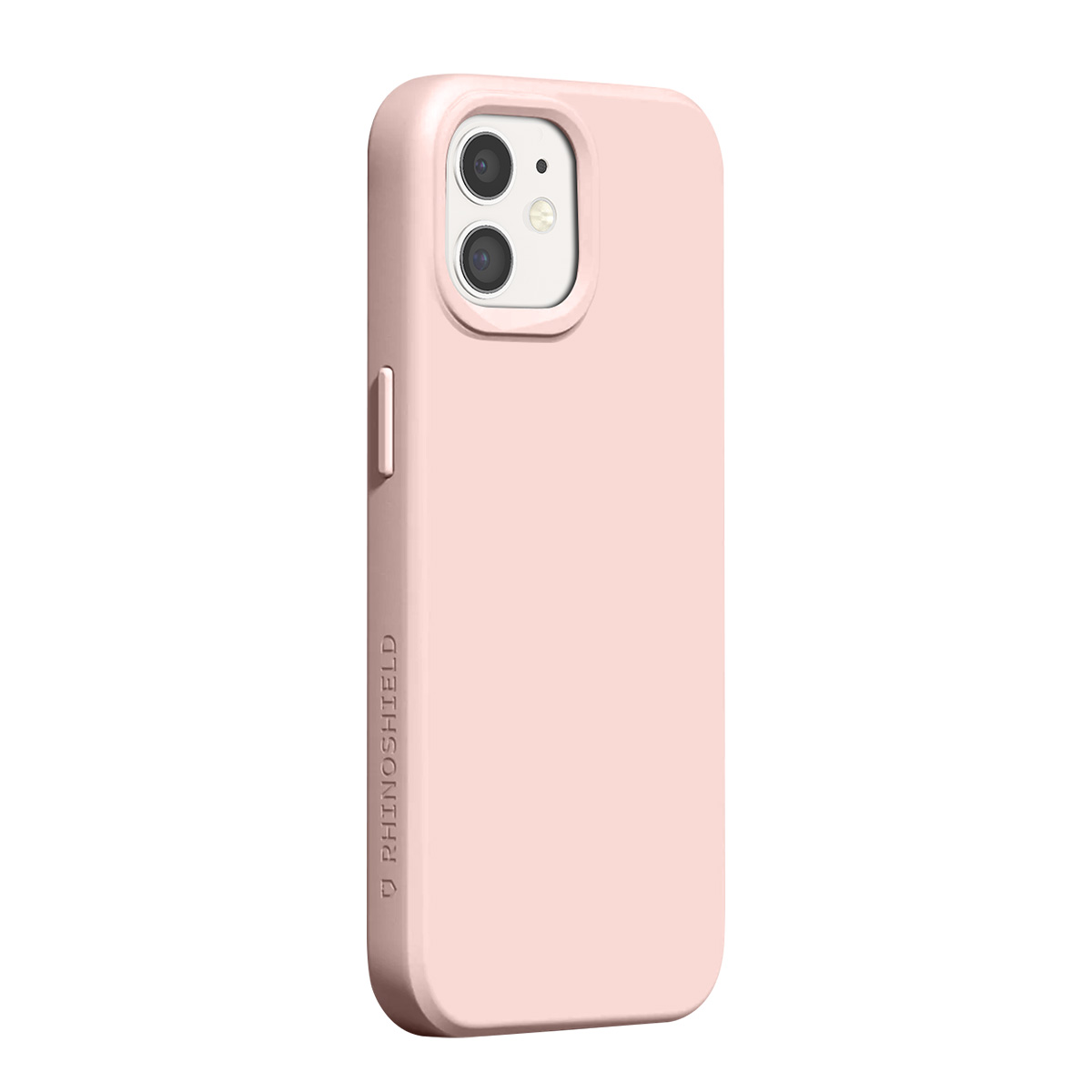 Een roze telefoonhoesje met dubbele camera-uitsparing en logo.