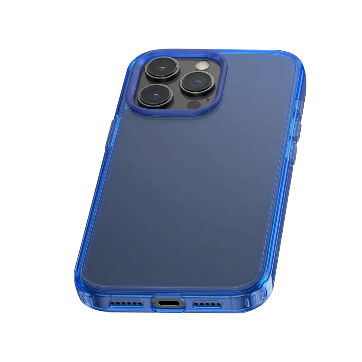 Una custodia per telefono trasparente blu scuro con ritaglio per tripla fotocamera.