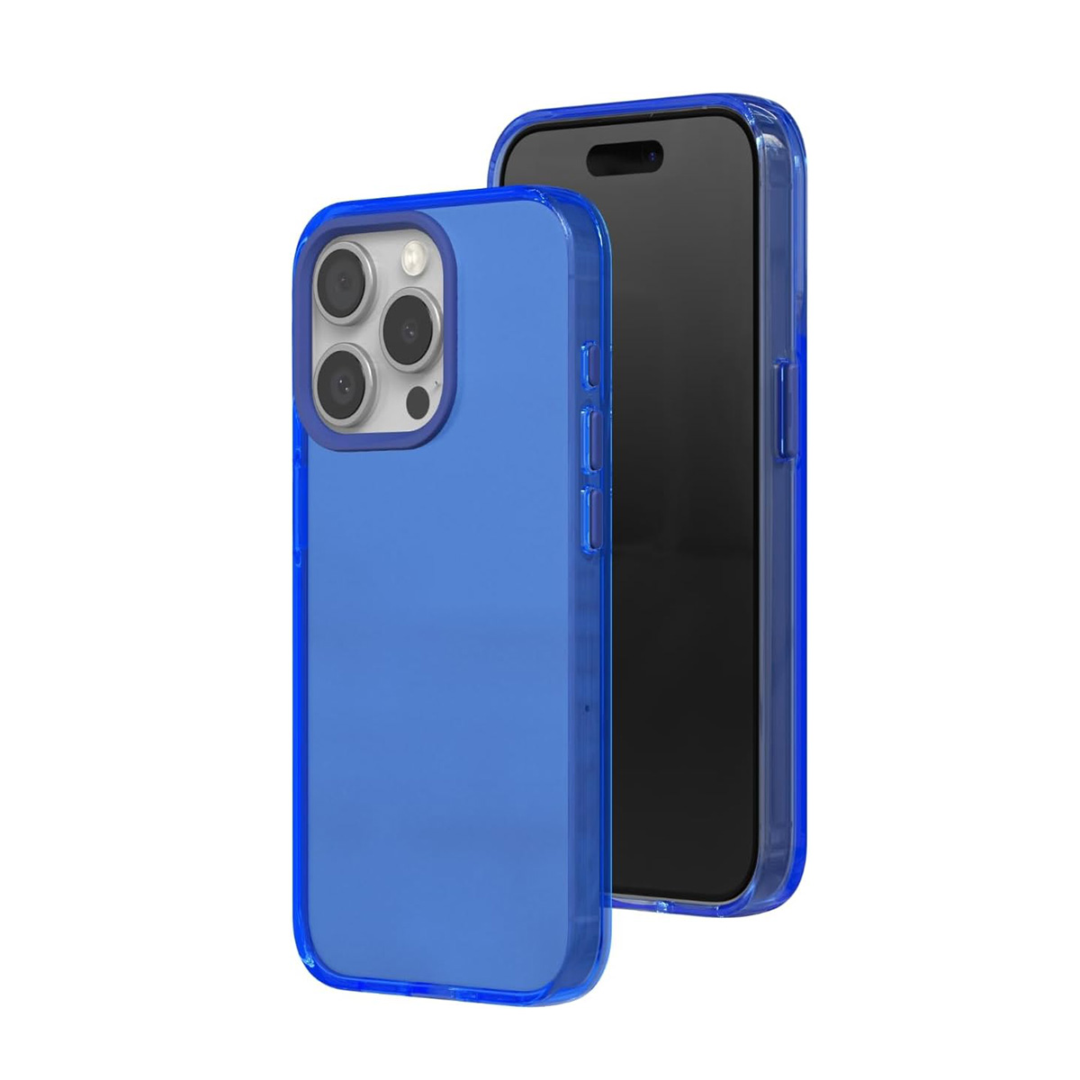 Una cover blu per telefono davanti a uno smartphone scuro su sfondo bianco.