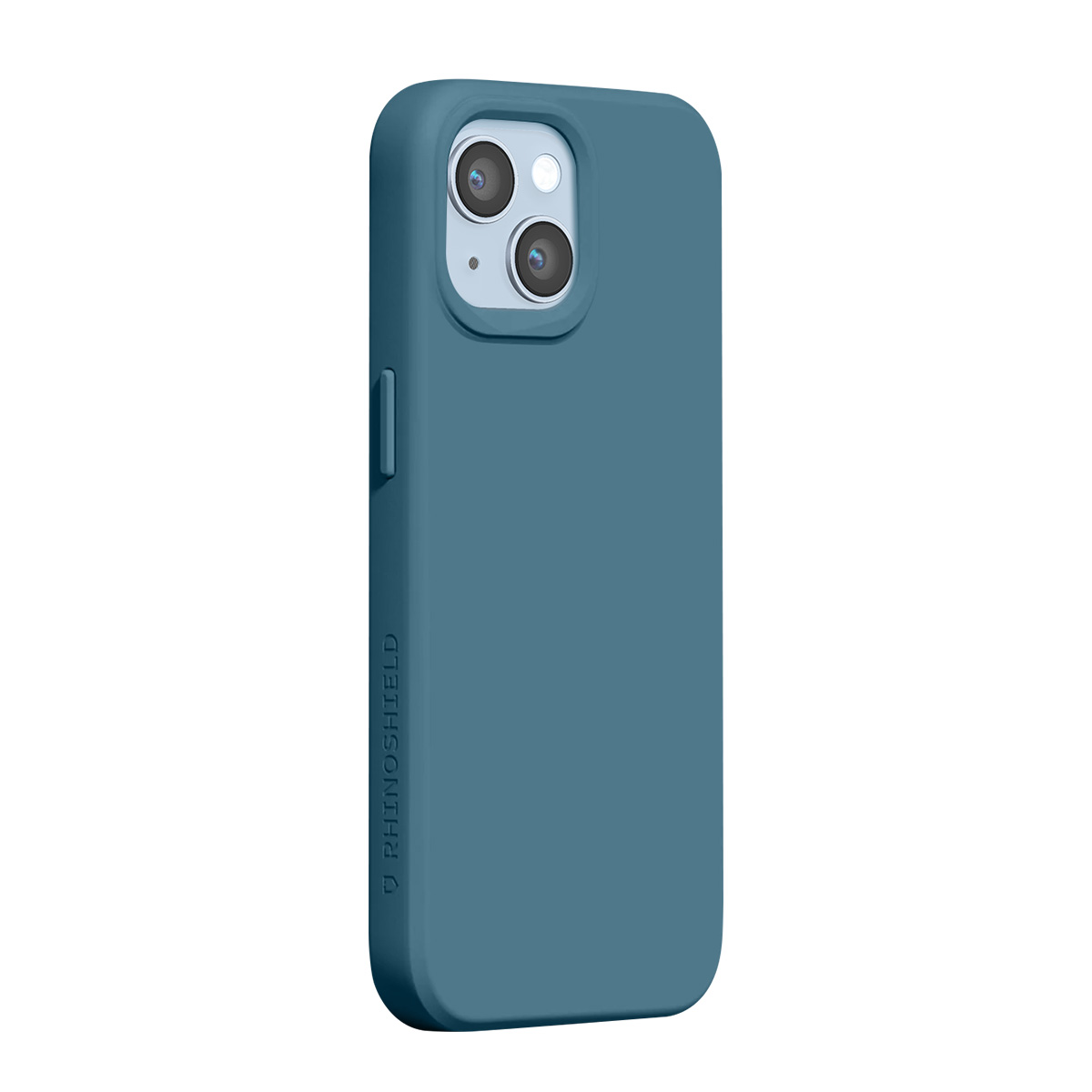 Coque de téléphone bleue avec objectif photo, avant gauche, avec logo "RHINOSHIELD".