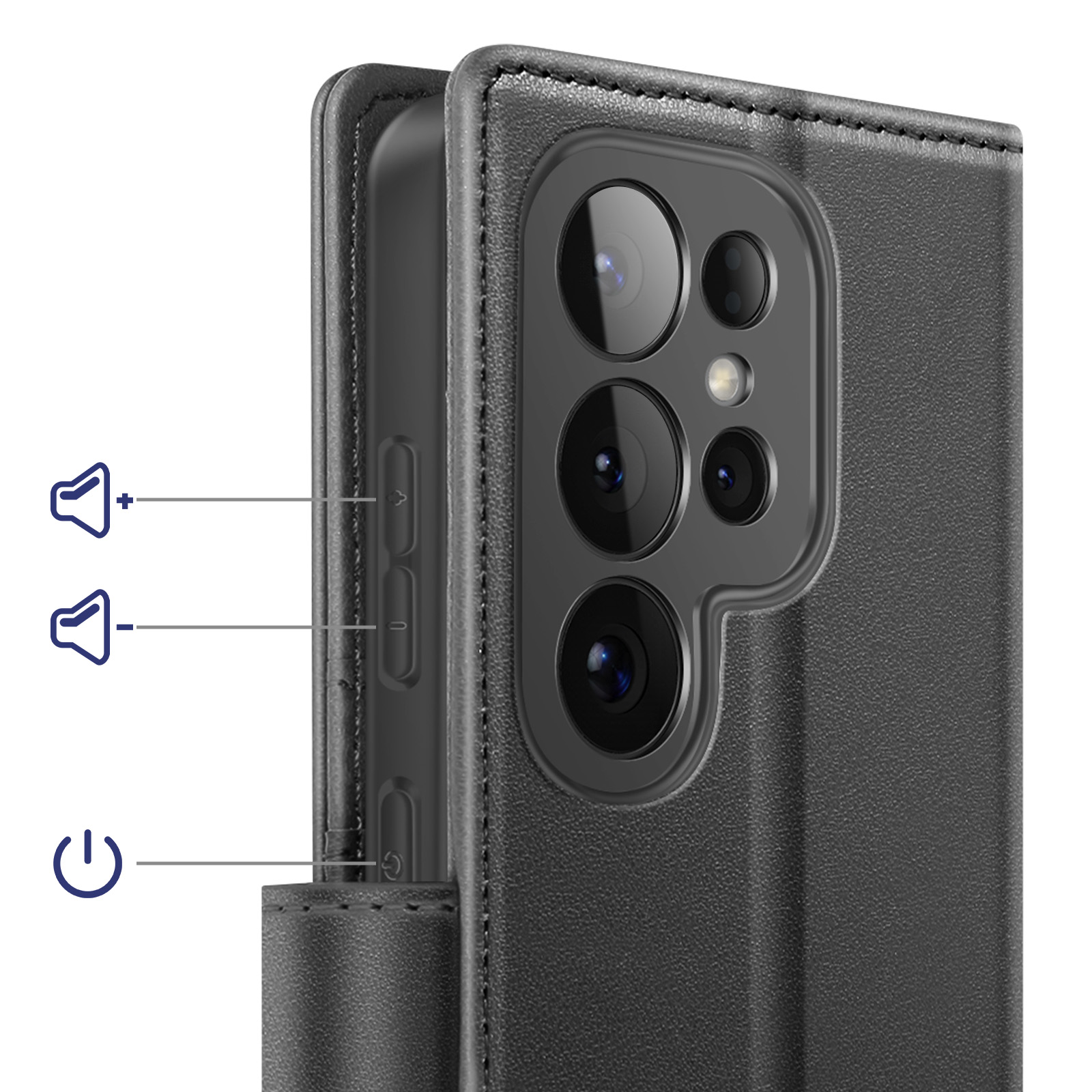 Custodia nera per telefono con lenti della fotocamera e pulsanti del volume evidenziati.