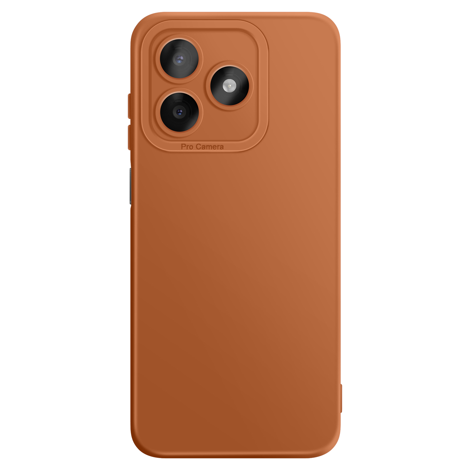 Oranje telefoonhoesje met drie cameralenzen en "Pro Camera" tekst.