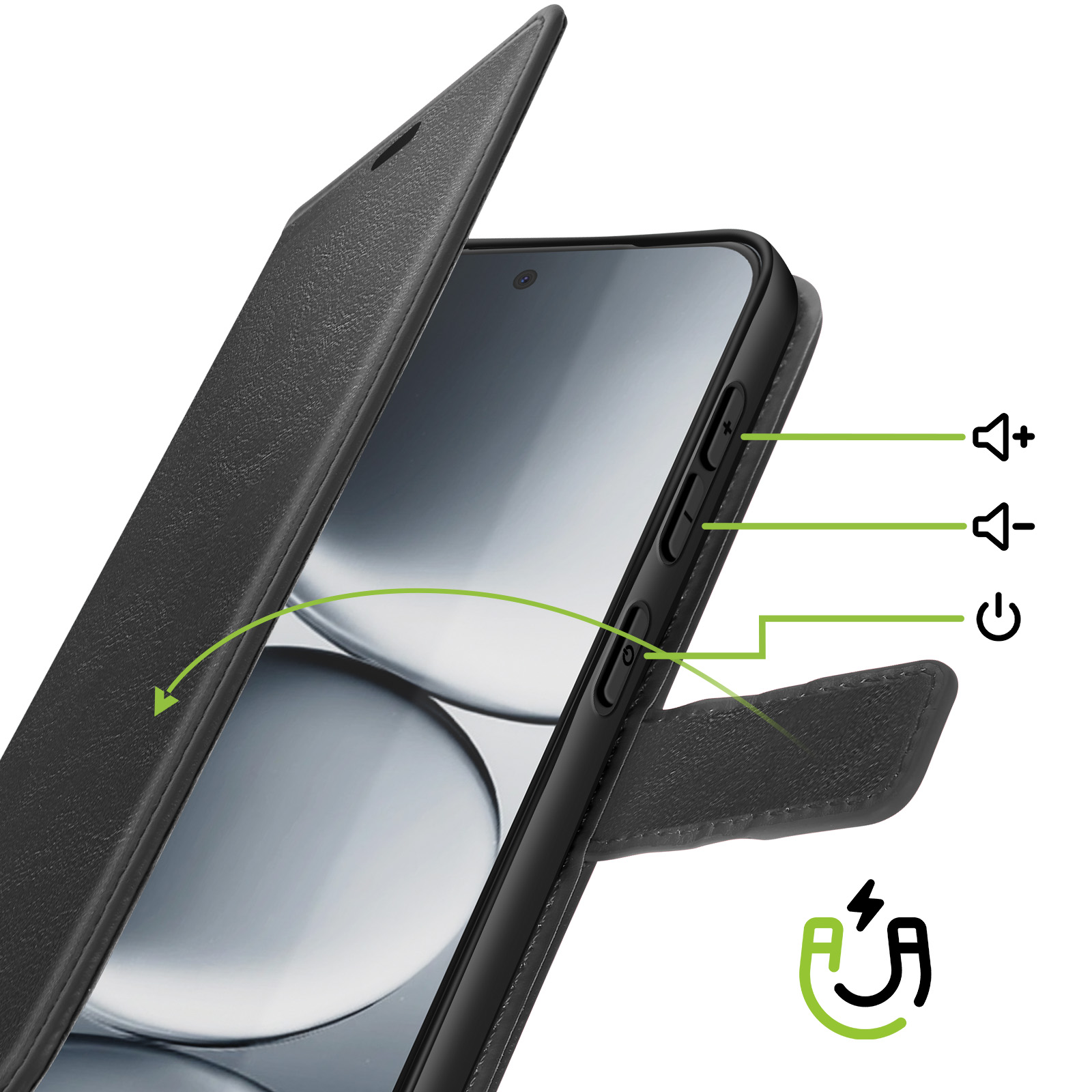 Zwarte mobiele telefoon met open klaphoes, knoppen en iconen.