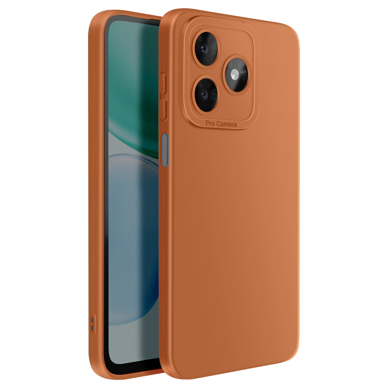 Een oranje telefoonhoesje met drie cameralenzen en een flitser.