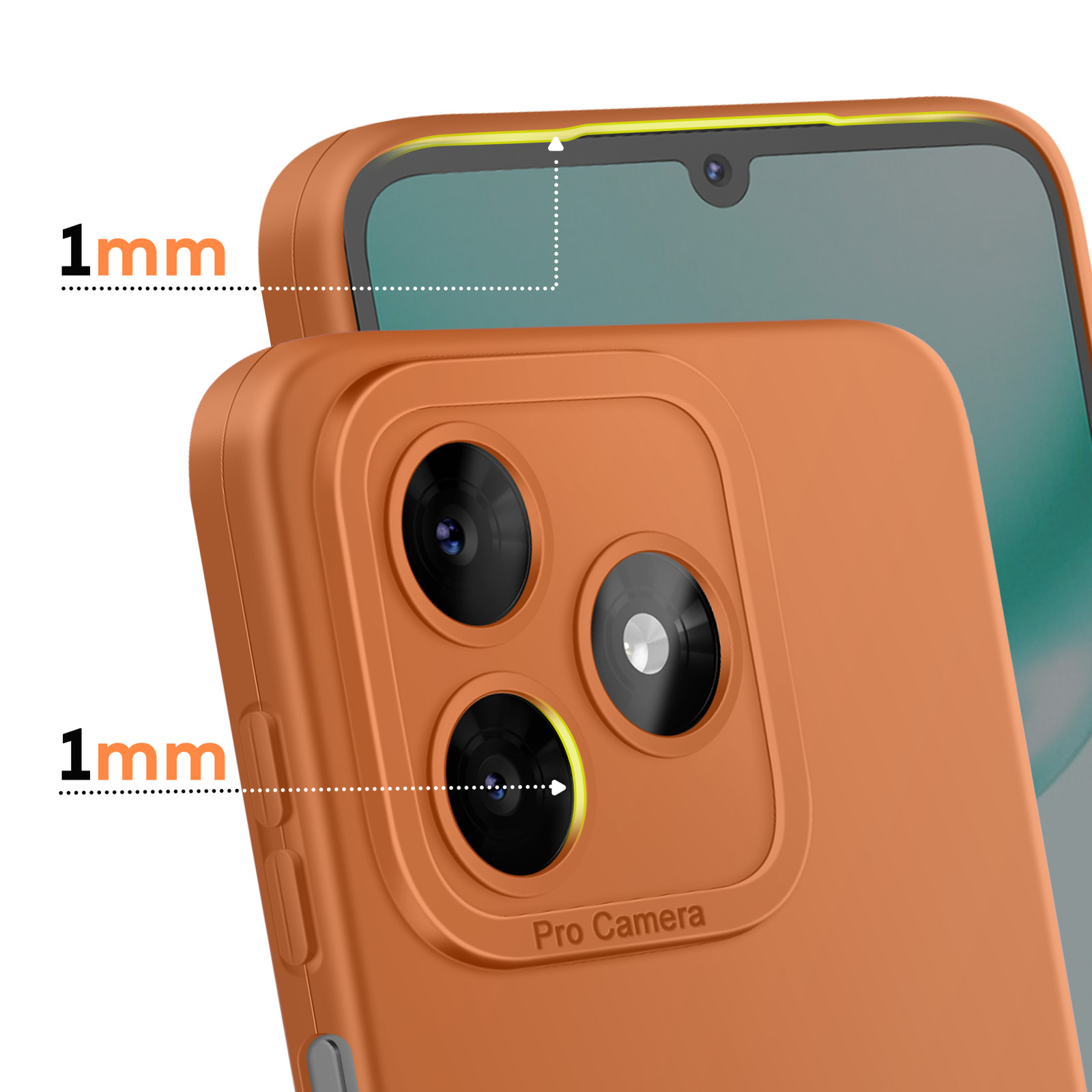 Oranje telefoonhoes met 1 mm verhoogde randen, camera-indeling en "Pro Camera"-tekst.