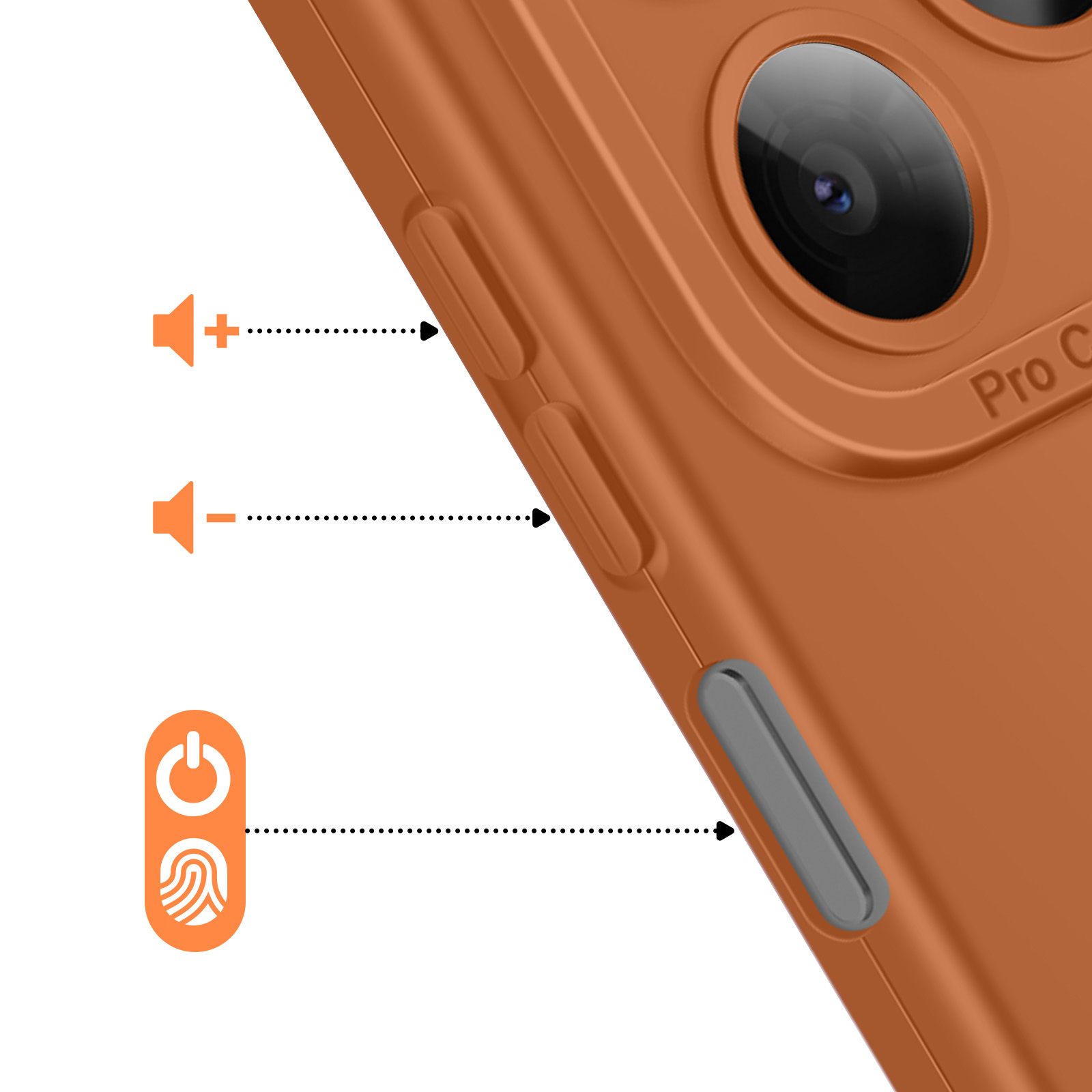 Oranje telefoonhoesje met volumeknoppen, aan/uitknop en vingerafdruksensor.