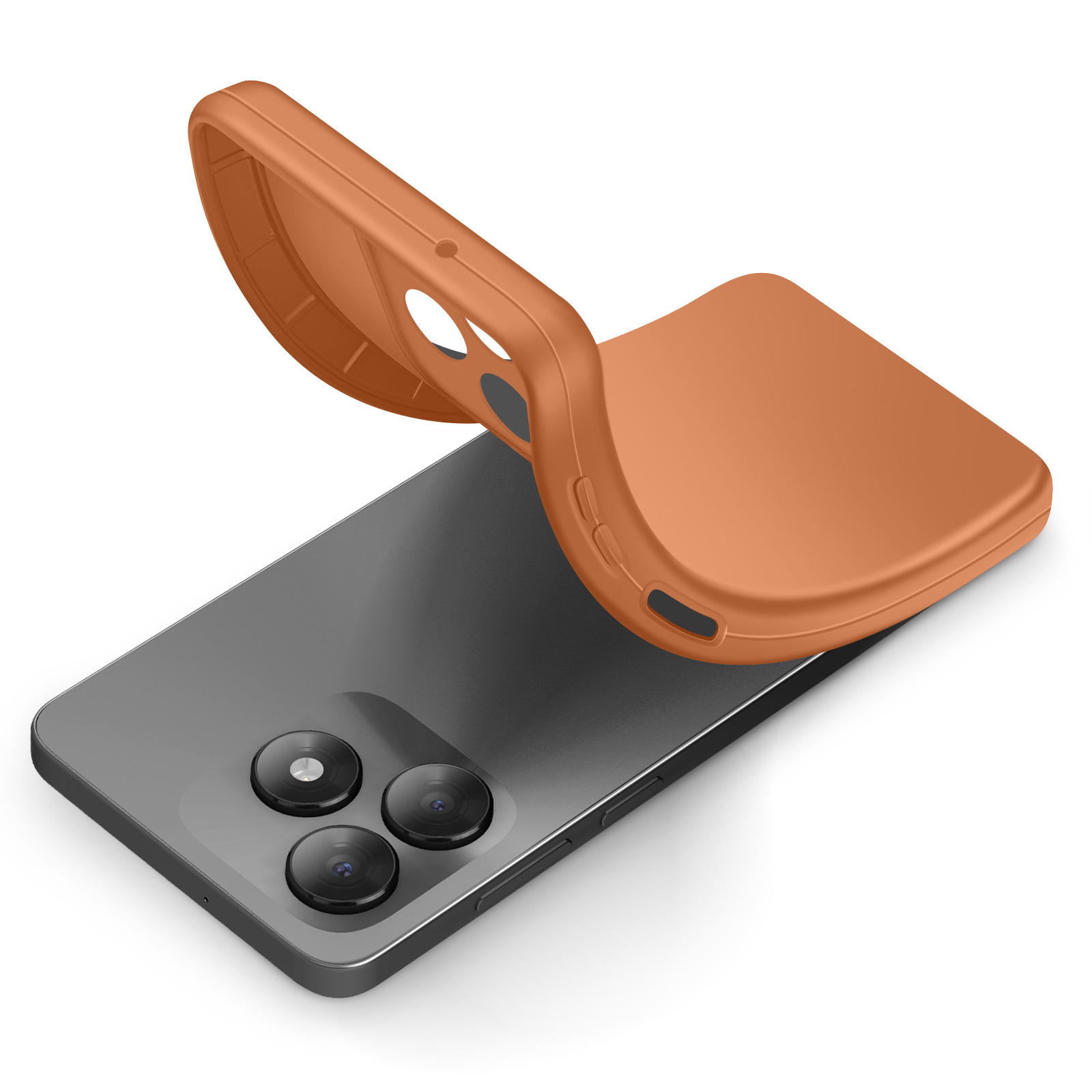 Een oranje telefoonhoesje ligt op een grijze smartphone.