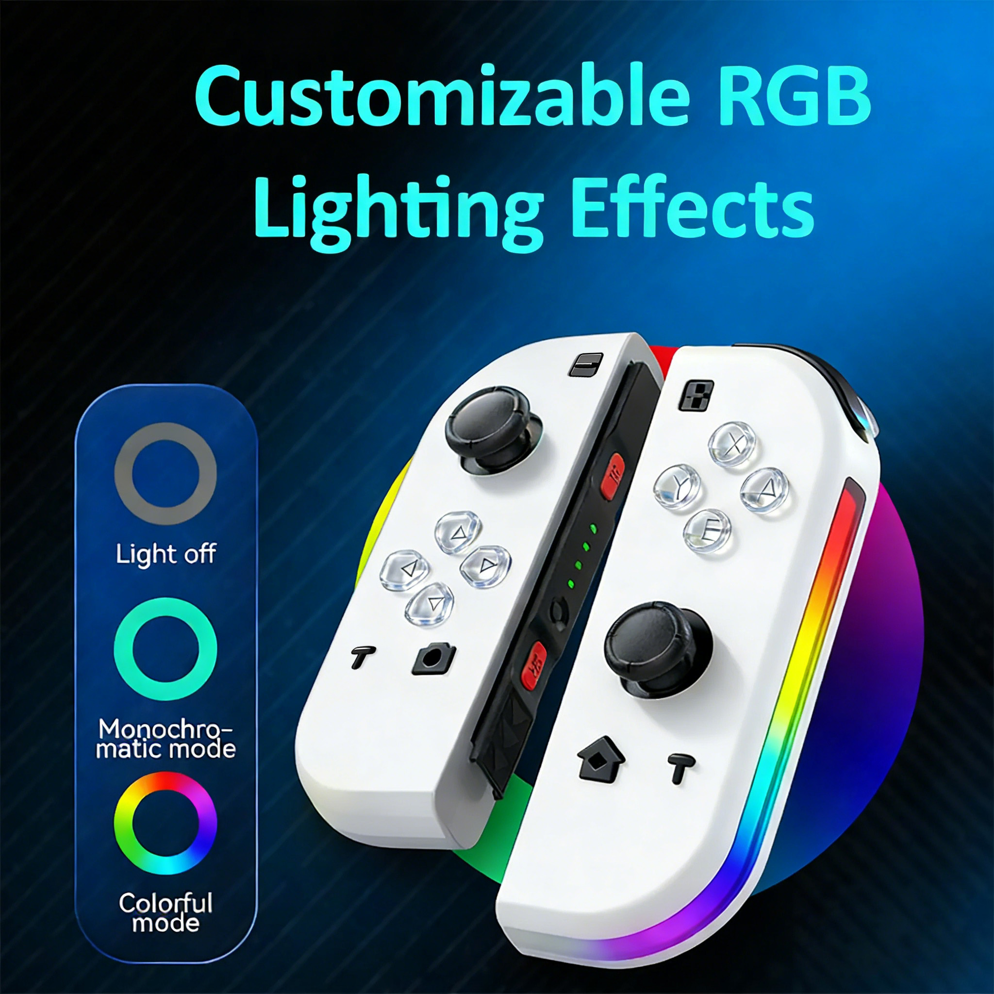 Zwei weiße Controller mit RGB-Beleuchtung und Schaltflächen.
