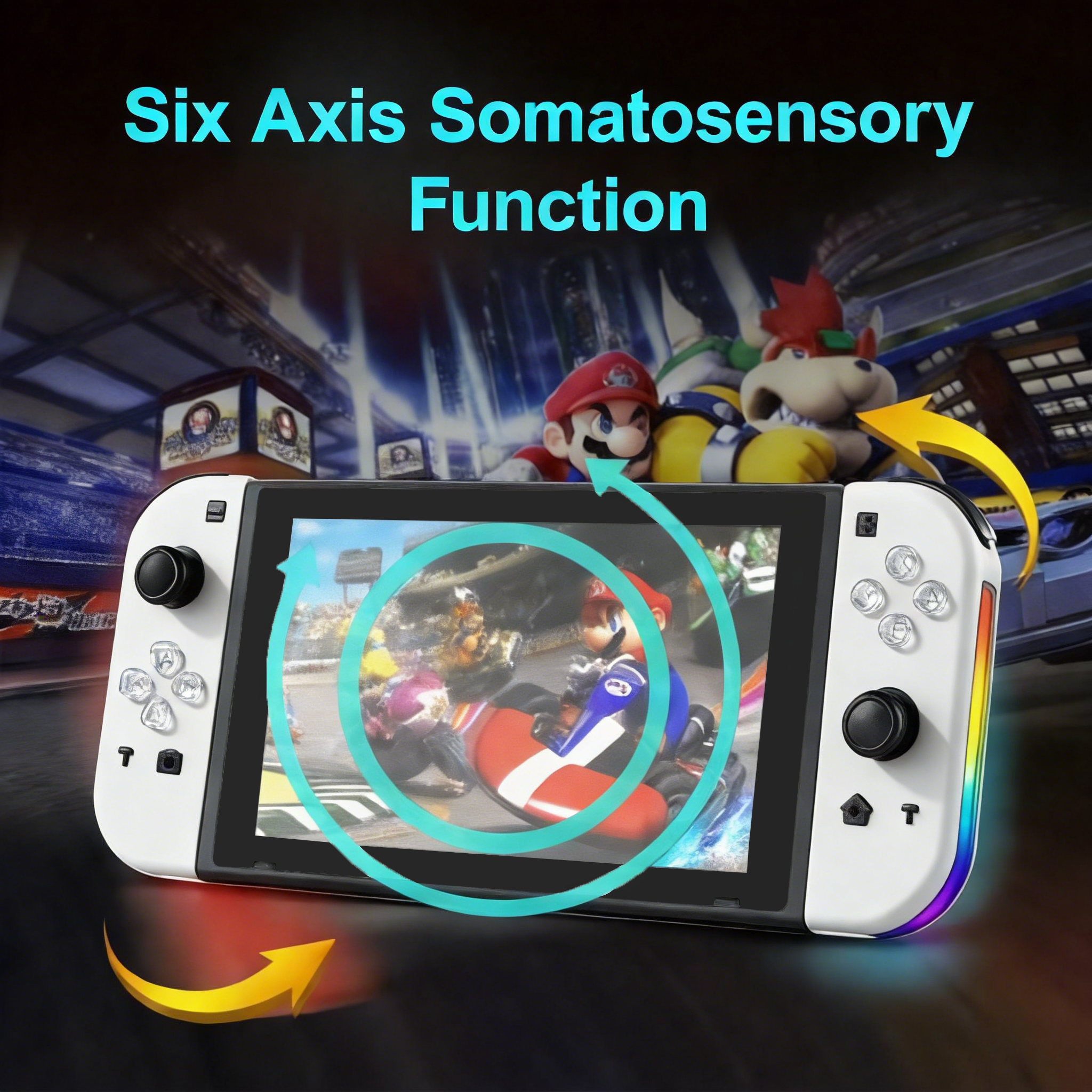 Ein weißer Handheld-Controller mit Mario-Charakteren und Rennspiel auf dem Bildschirm.