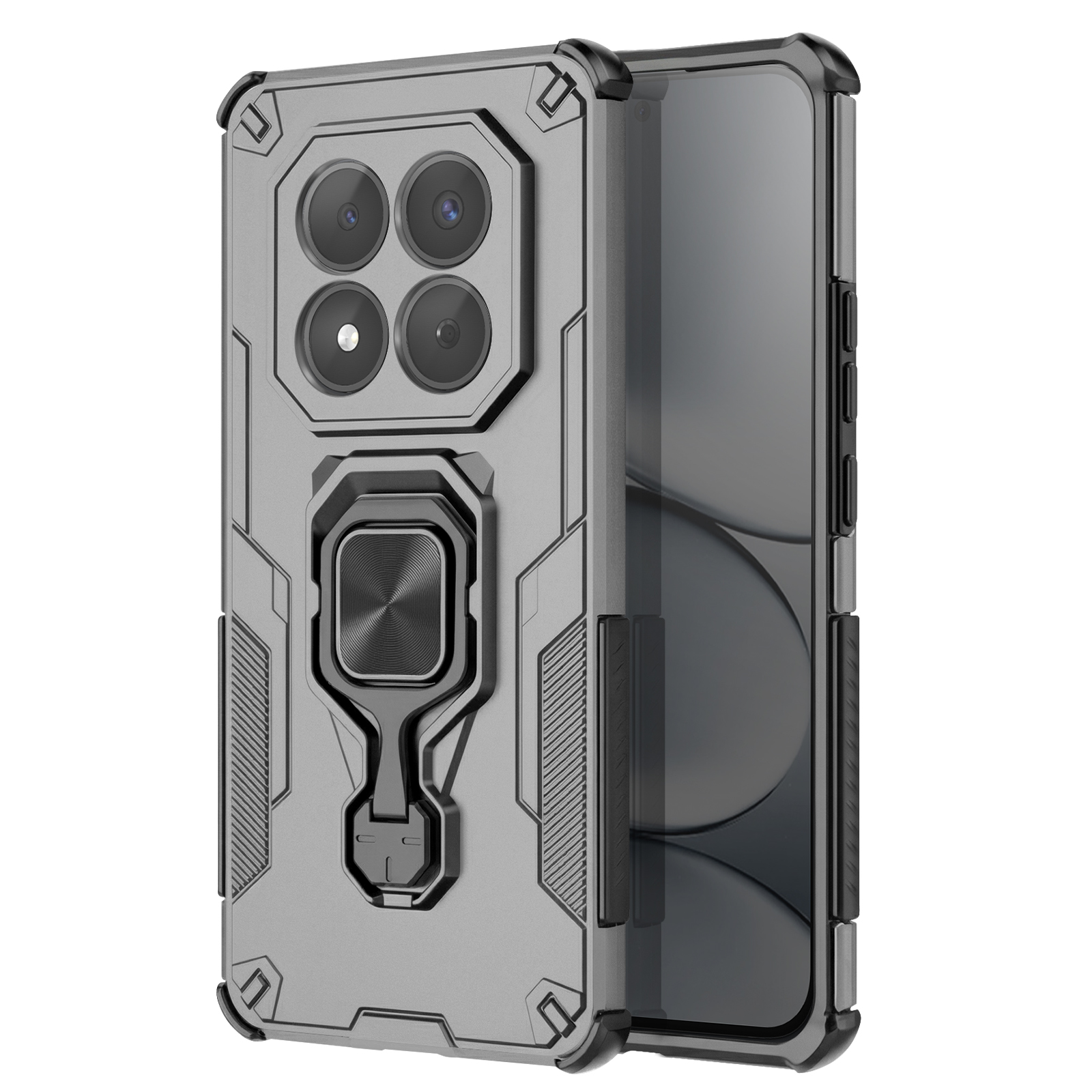 Coque de téléphone grise avec quatre caméras et un support bague. Fond blanc.
